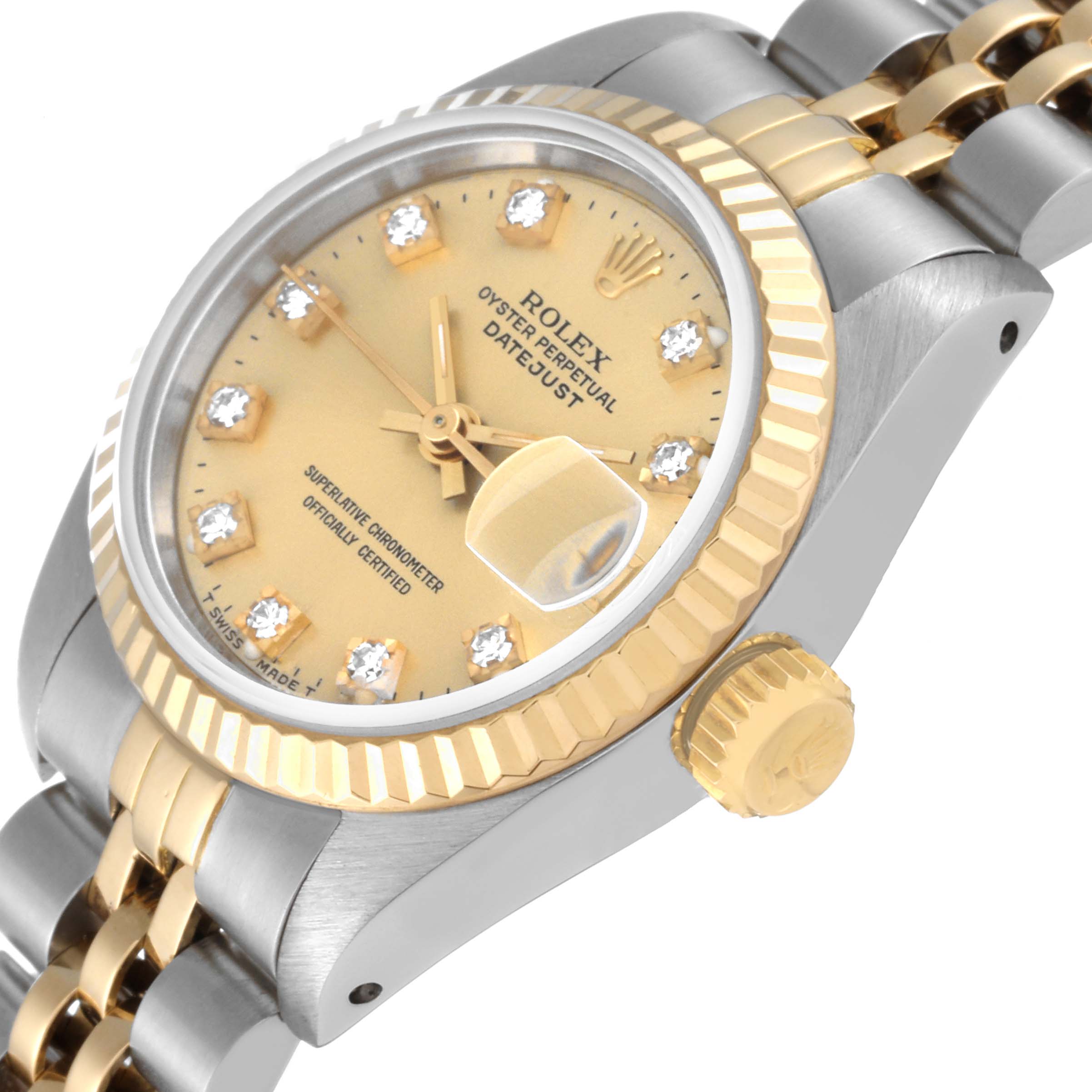 This image shows a close-up angle of the Rolex Datejust 69173 Women's Steel and Gold (two tone) Champagne Dial 69173 Women's Steel and Gold (two tone) Champagne Dial model, detailing the dial, crown, and part of the bracelet.