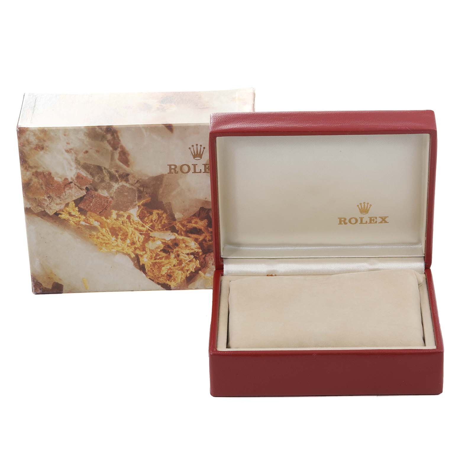 This image shows an open red Rolex box with a beige cushion designed for a Datejust model watch, alongside its outer packaging.