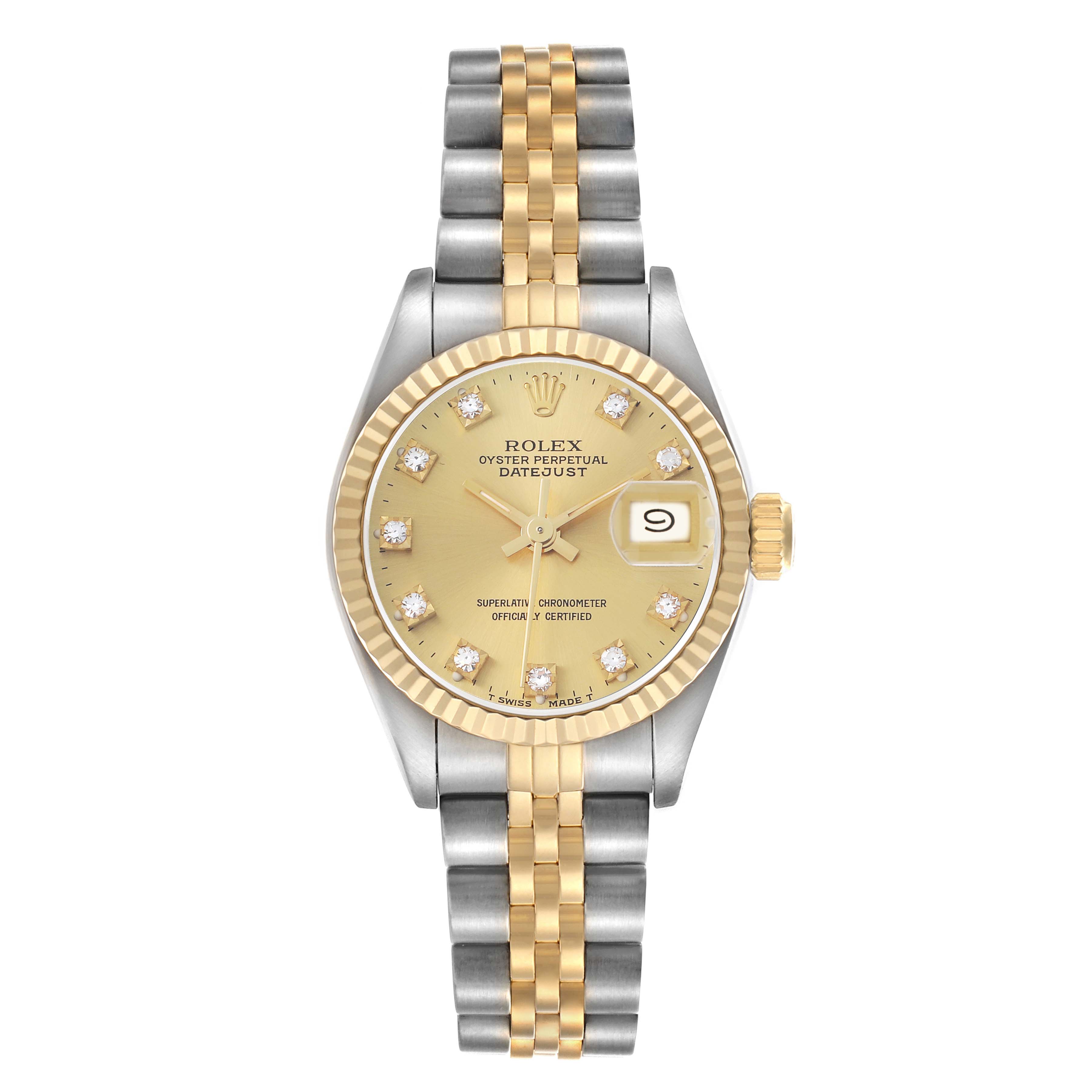 The Rolex Datejust 69173 Women
s Steel and Gold (two tone) Champagne Dial watch is shown from a top-down angle, highlighting the dial, bezel, and bracelet.