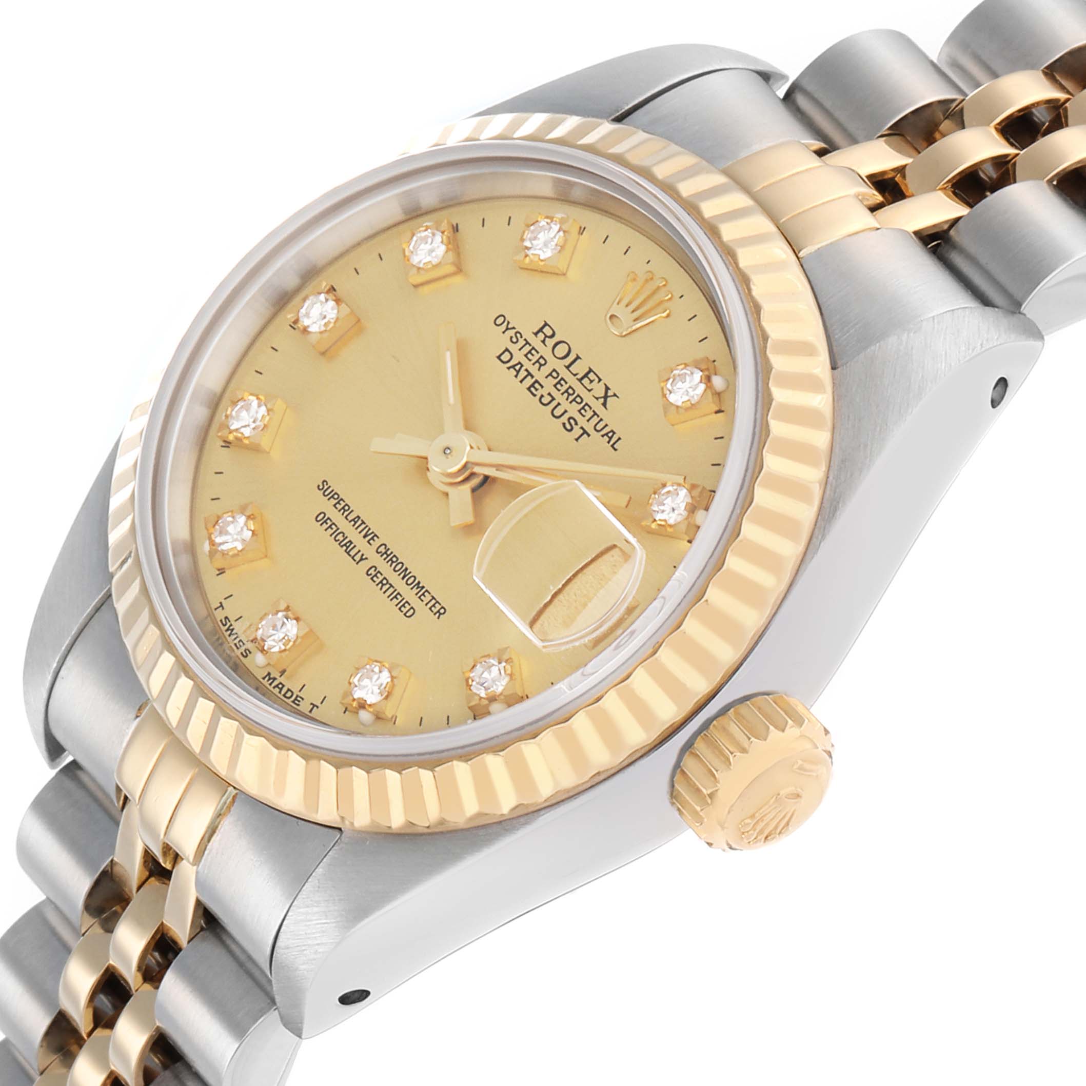 The image shows a Rolex Datejust 69173 Women
s Steel and Gold (two tone) Champagne Dial watch at an angled perspective, highlighting the dial, bezel, crown, and bracelet.