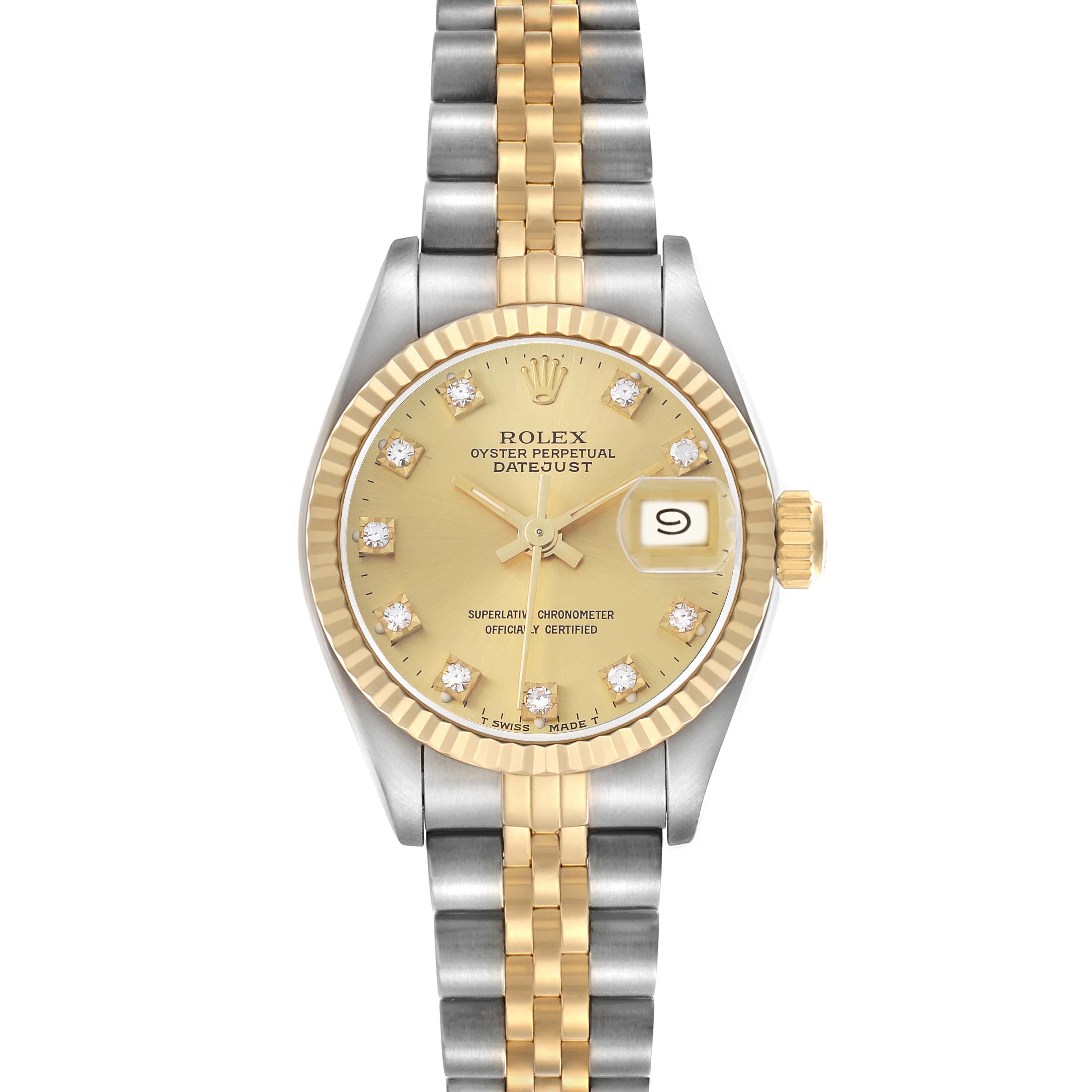 The Rolex Datejust 69173 Women
s Steel and Gold (two tone) Champagne Dial watch is shown from a top view, displaying its dial, two-tone bracelet, fluted bezel, and date window.