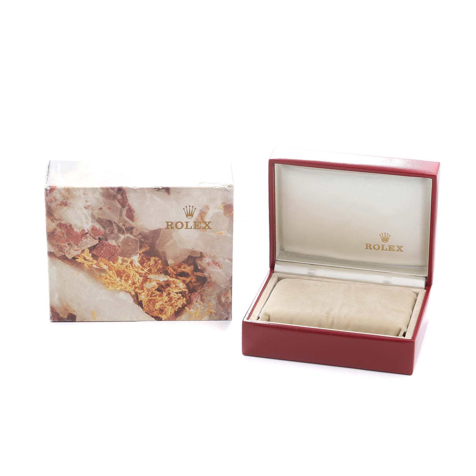 The image shows a Rolex Datejust 69173 Women
s Steel and Gold (two tone) Champagne Dial box and packaging, with the box open, displaying its interior.