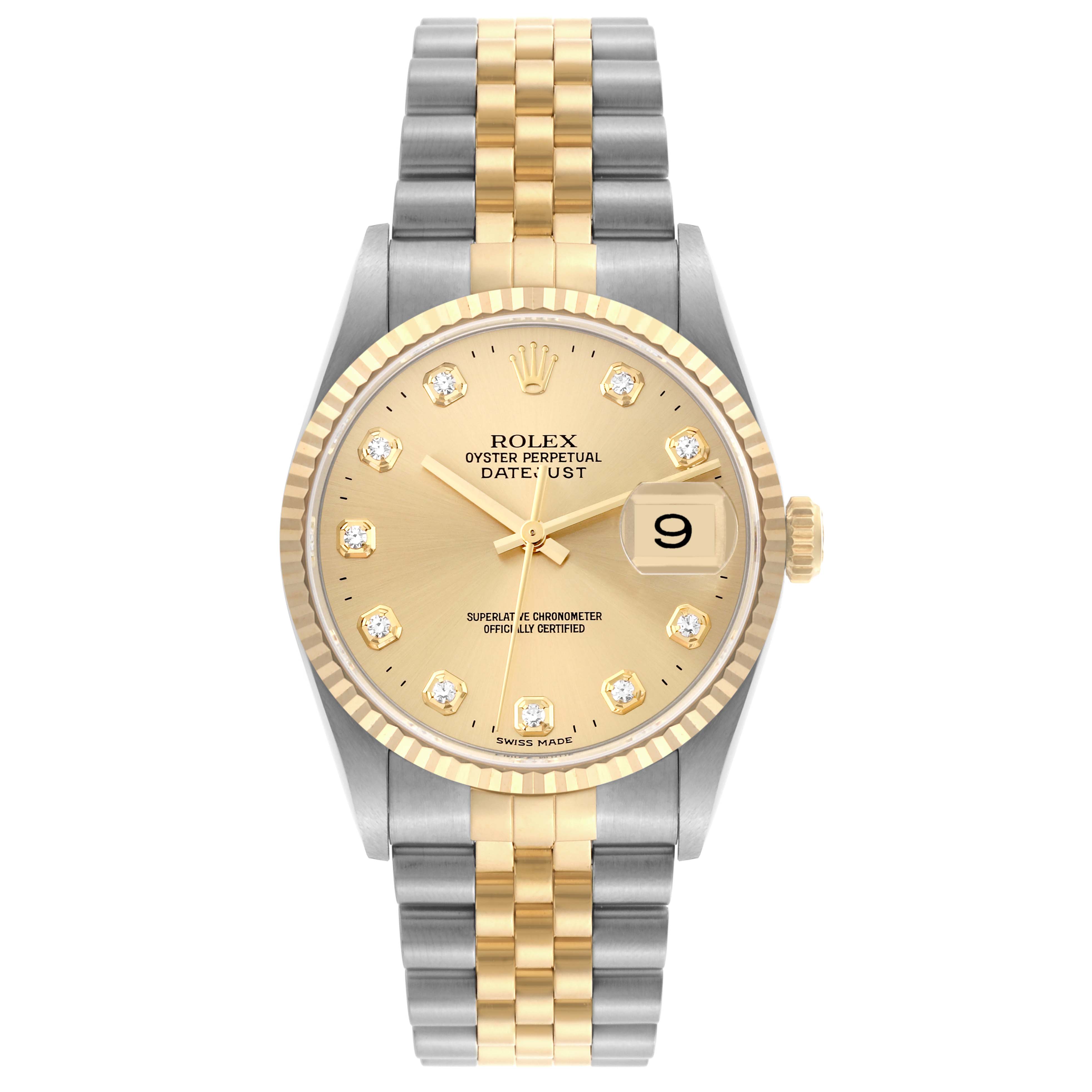 The Rolex Datejust 16233 Men's Steel and Gold (two tone) Champagne Dial 16233 Men's Steel and Gold (two tone) Champagne Dial watch is shown from a top-down angle, displaying the full face and two-tone bracelet.