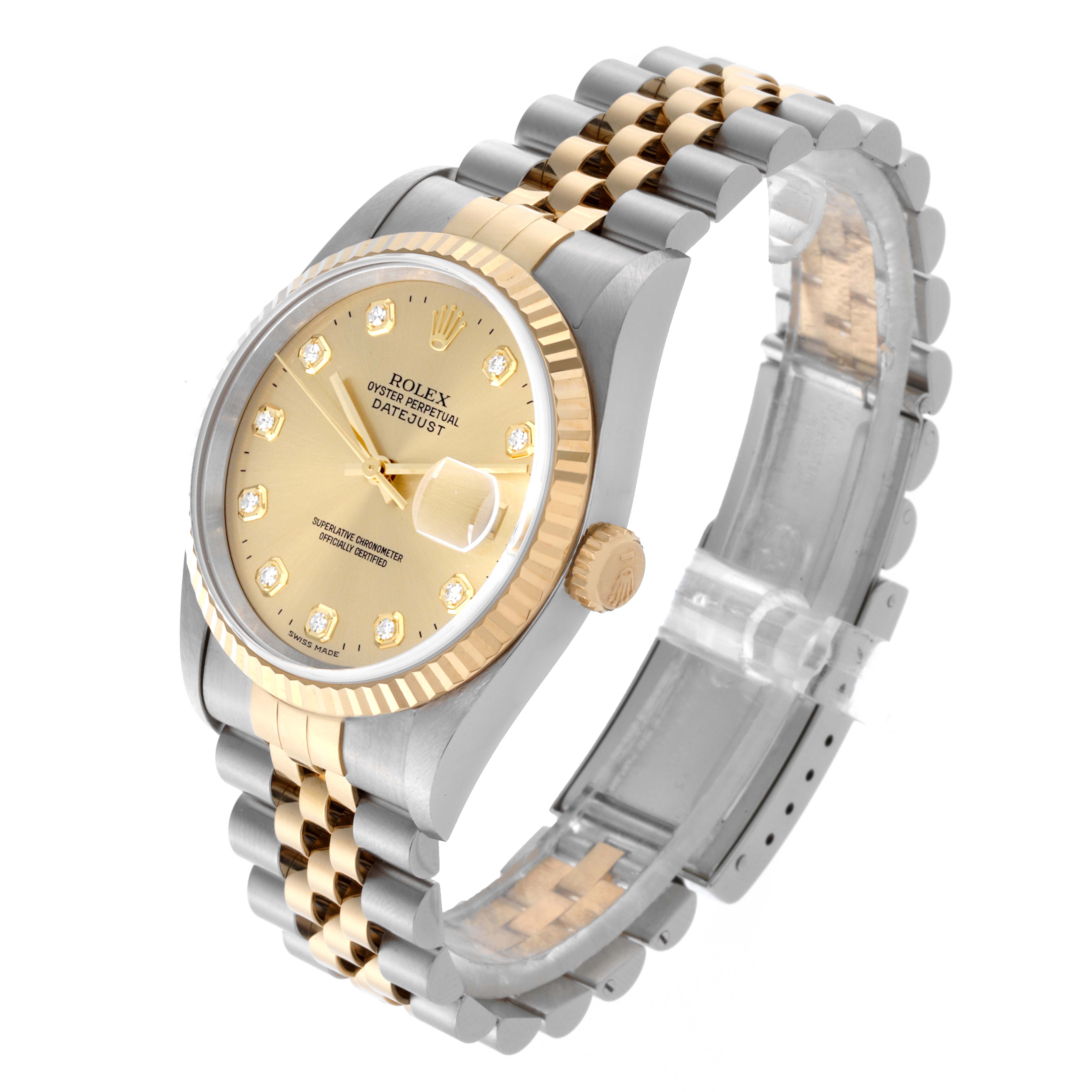 The Rolex Datejust 16233 Men's Steel and Gold (two tone) Champagne Dial 16233 Men's Steel and Gold (two tone) Champagne Dial watch is shown at an angled top-left view, highlighting the dial, bezel, crown, and bracelet.
