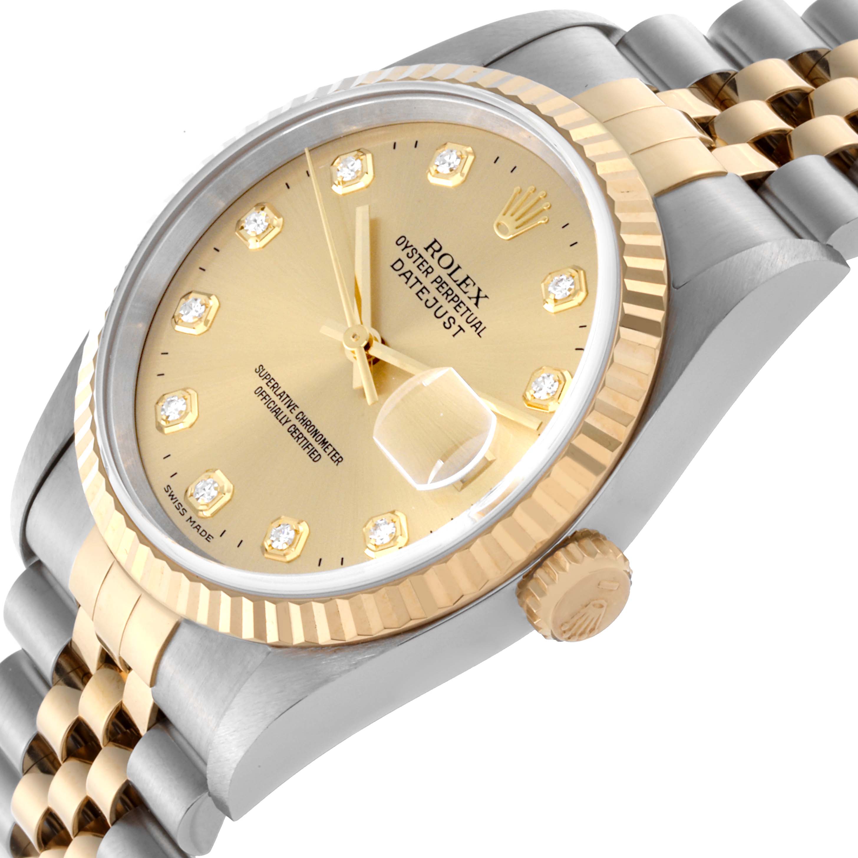 The Rolex Datejust 16233 Men's Steel and Gold (two tone) Champagne Dial 16233 Men's Steel and Gold (two tone) Champagne Dial watch is shown at an angled side view, highlighting the bezel, dial, and part of the bracelet.