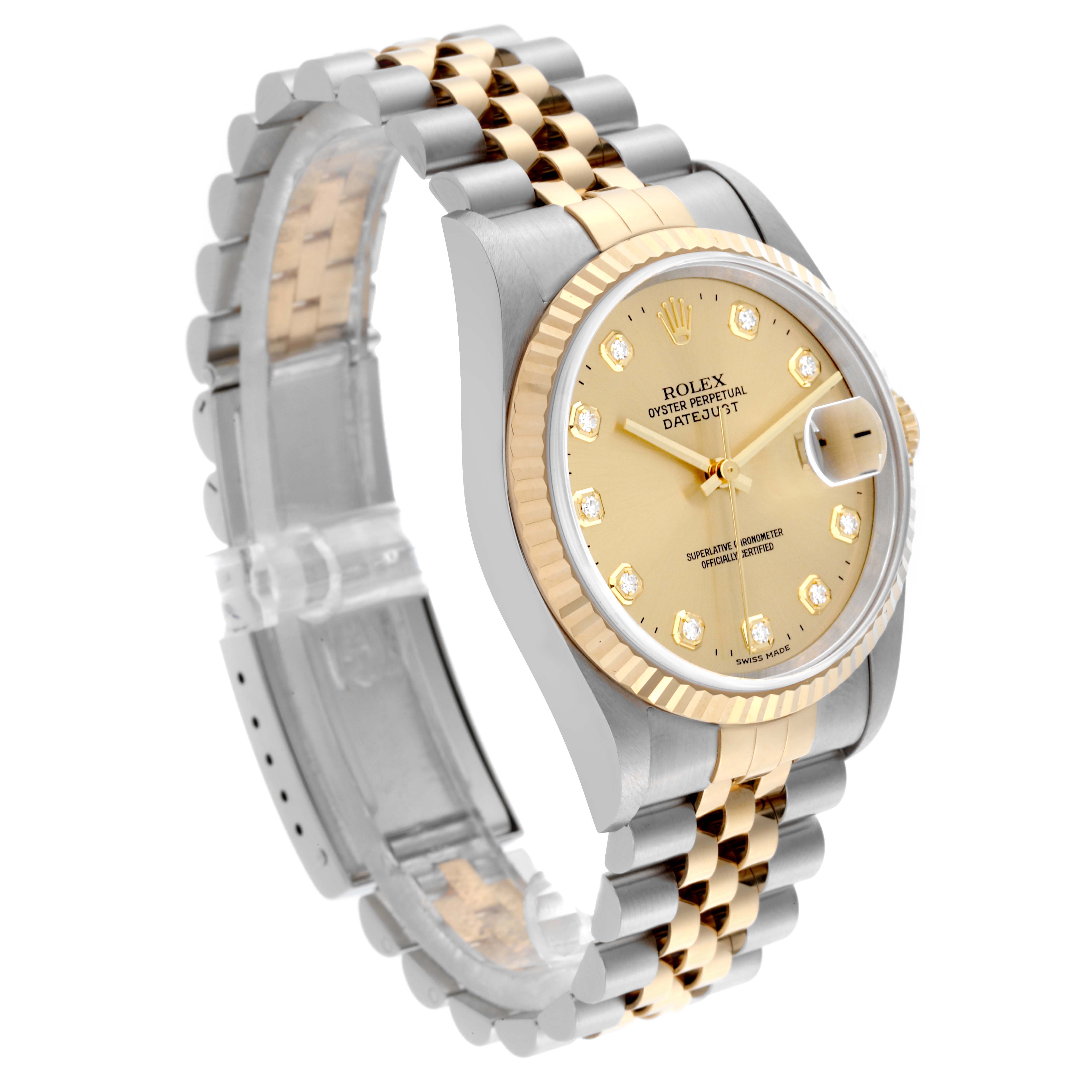 The Rolex Datejust 16233 Men's Steel and Gold (two tone) Champagne Dial 16233 Men's Steel and Gold (two tone) Champagne Dial watch is shown at an angled side view, displaying the face, bezel, bracelet, and clasp.