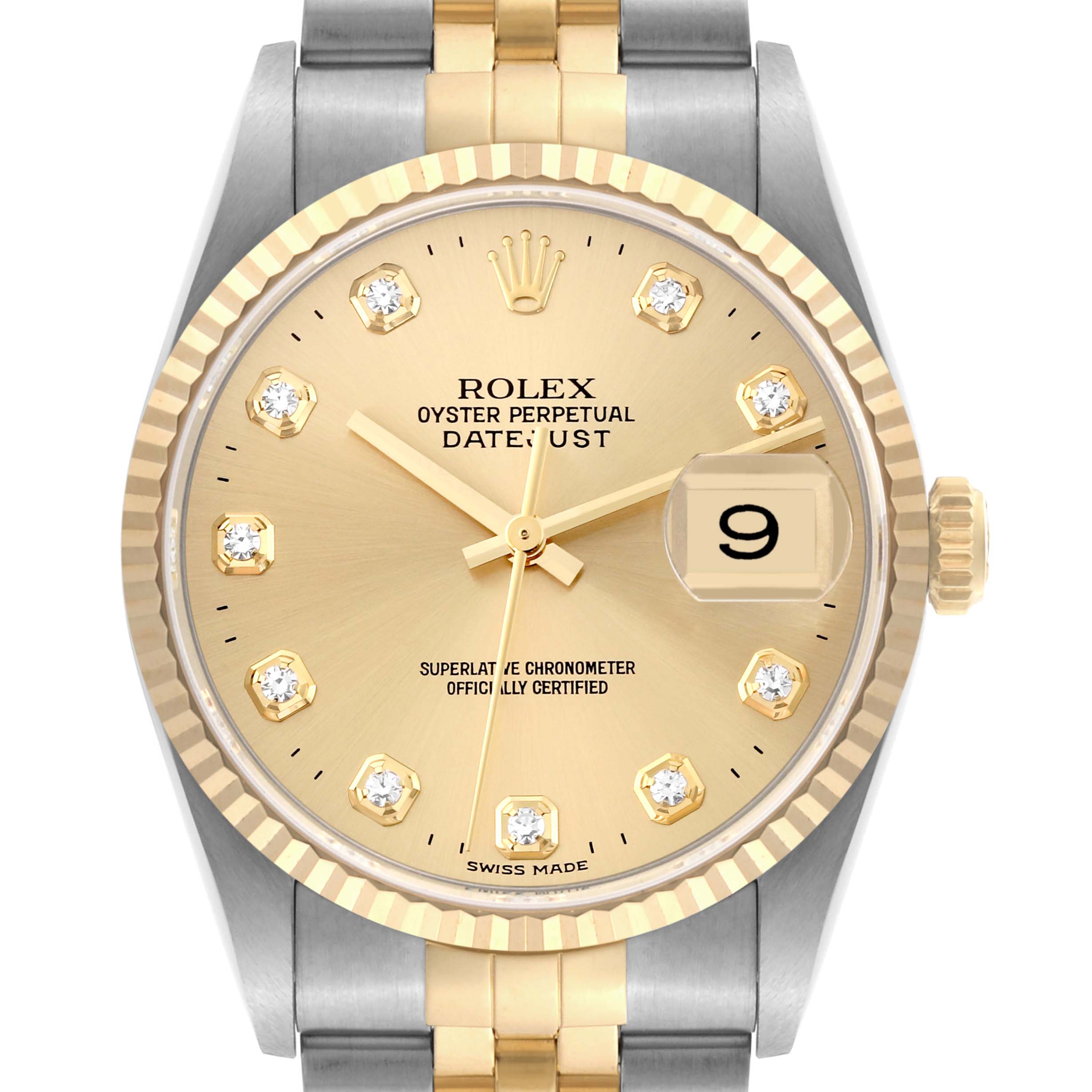 The Rolex Datejust 16233 Men's Steel and Gold (two tone) Champagne Dial 16233 Men's Steel and Gold (two tone) Champagne Dial watch is shown from a front angle, displaying the dial, bezel, and part of the bracelet.
