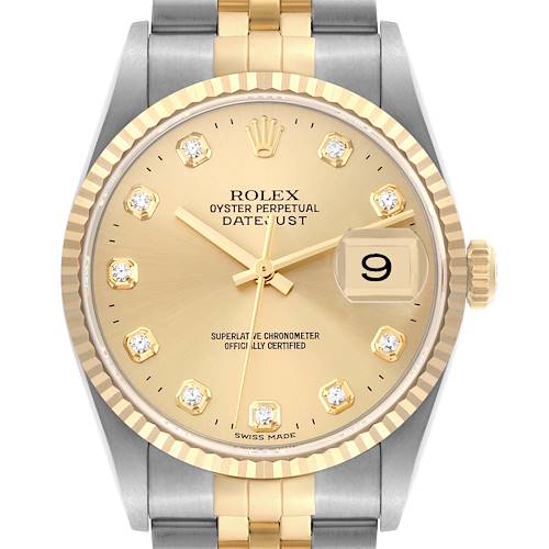 The image shows a frontal view of a Rolex Datejust watch, highlighting its dial, markers, hands, bezel, and part of the bracelet.