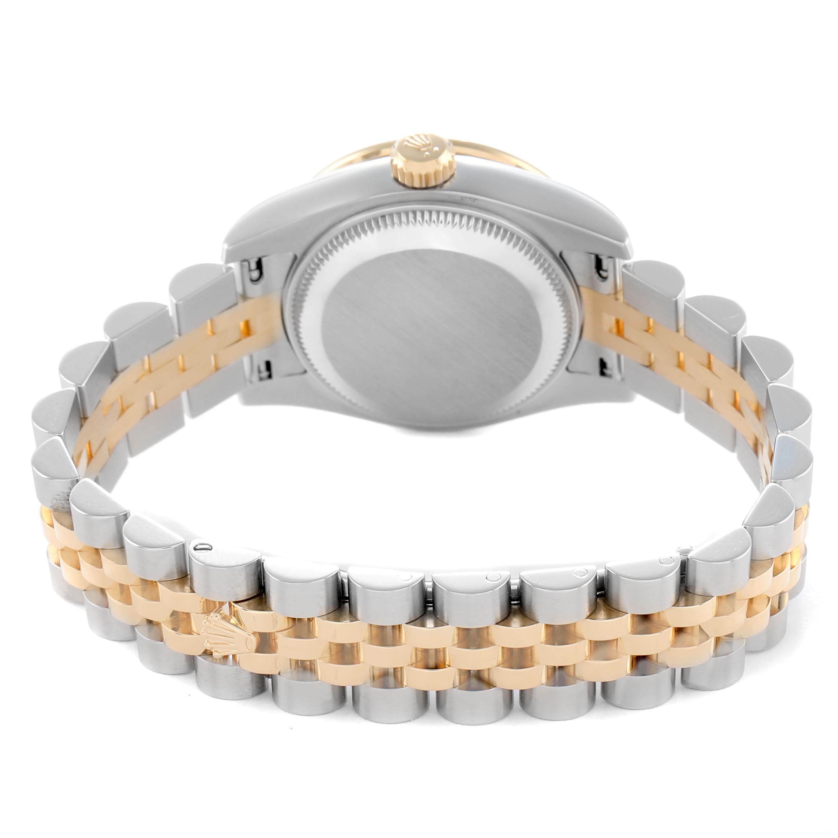 The Rolex Datejust 179383 Women
s Steel and Gold (two tone) White Dial is shown from the back, highlighting the case back and two-tone bracelet.