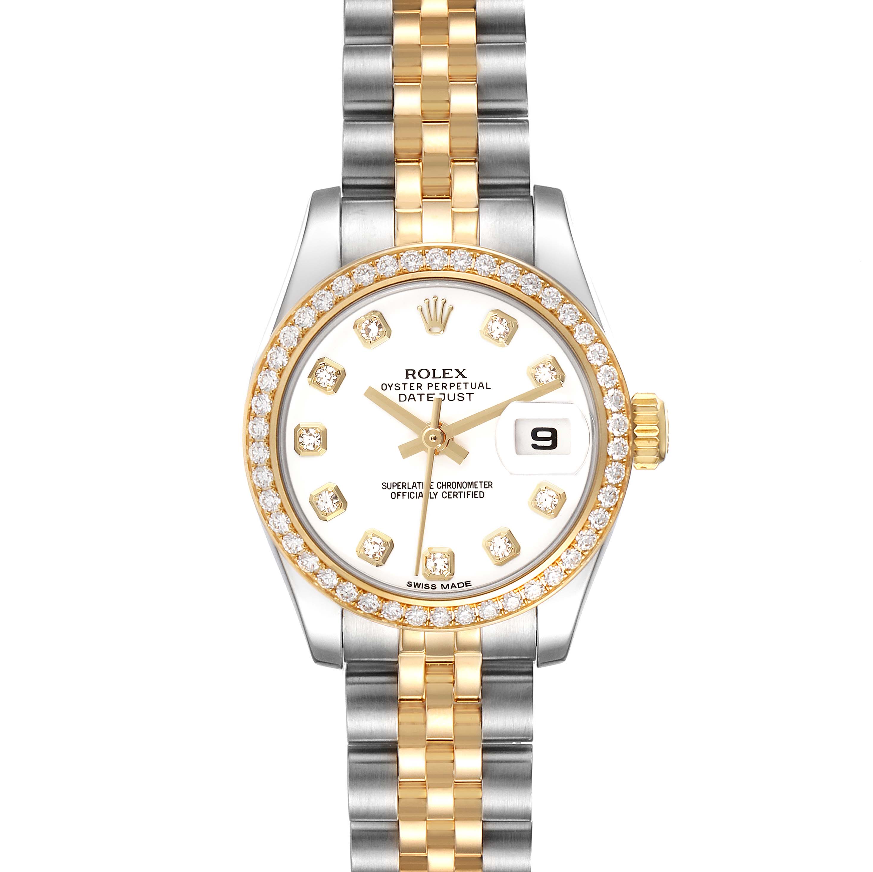 The Rolex Datejust 179383 Women
s Steel and Gold (two tone) White Dial is shown from a front angle, highlighting its dial, bezel, crown, and two-tone bracelet.