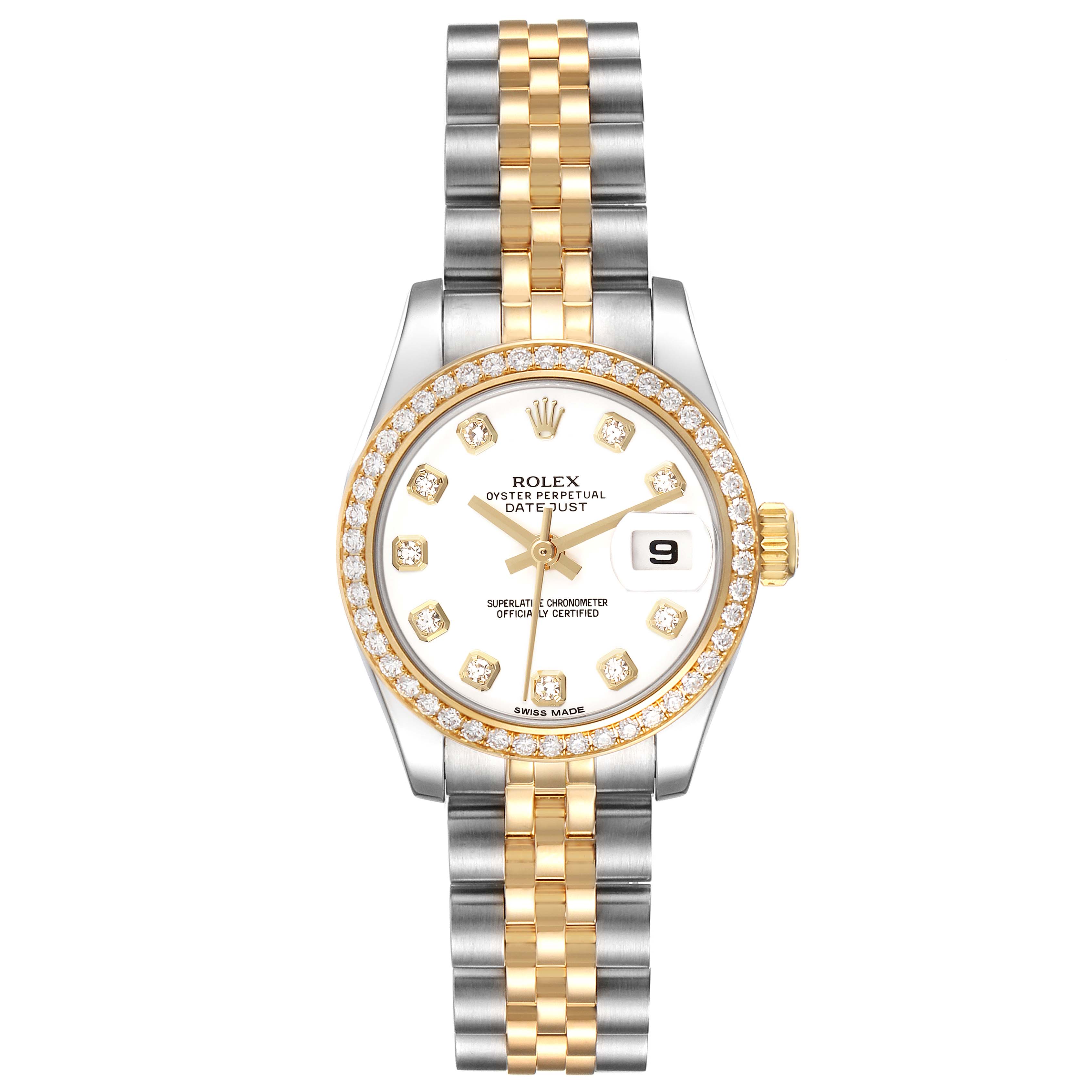 The Rolex Datejust 179383 Women
s Steel and Gold (two tone) White Dial watch is shown from the front, displaying its dial, bezel, bracelet, and crown.