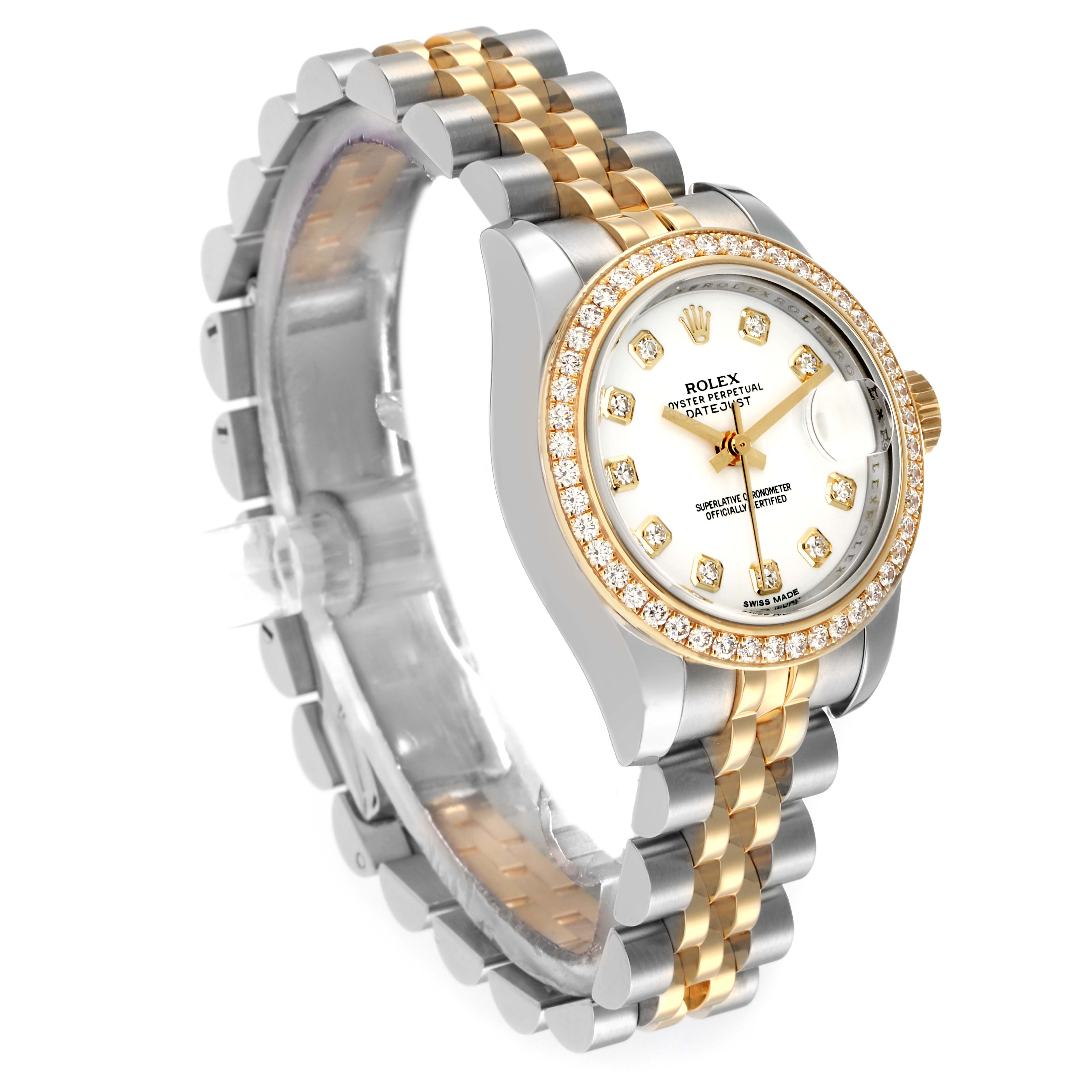 The Rolex Datejust 179383 Women
s Steel and Gold (two tone) White Dial watch is shown at an angled side view, highlighting its two-tone bracelet, diamond bezel, and dial.