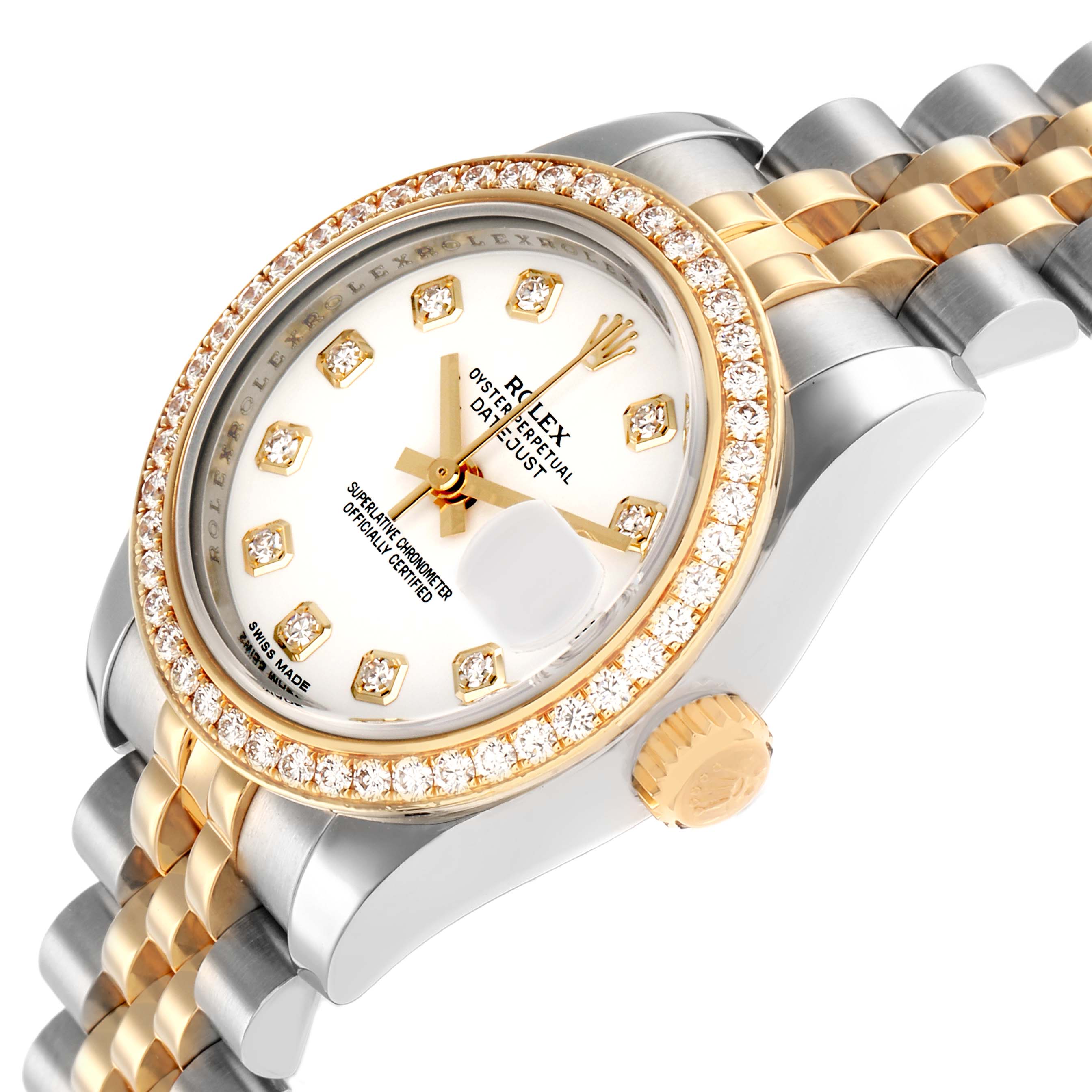 The Rolex Datejust 179383 Women
s Steel and Gold (two tone) White Dial watch is shown at an angled, close-up view, highlighting the diamond bezel, dial, and two-tone bracelet.
