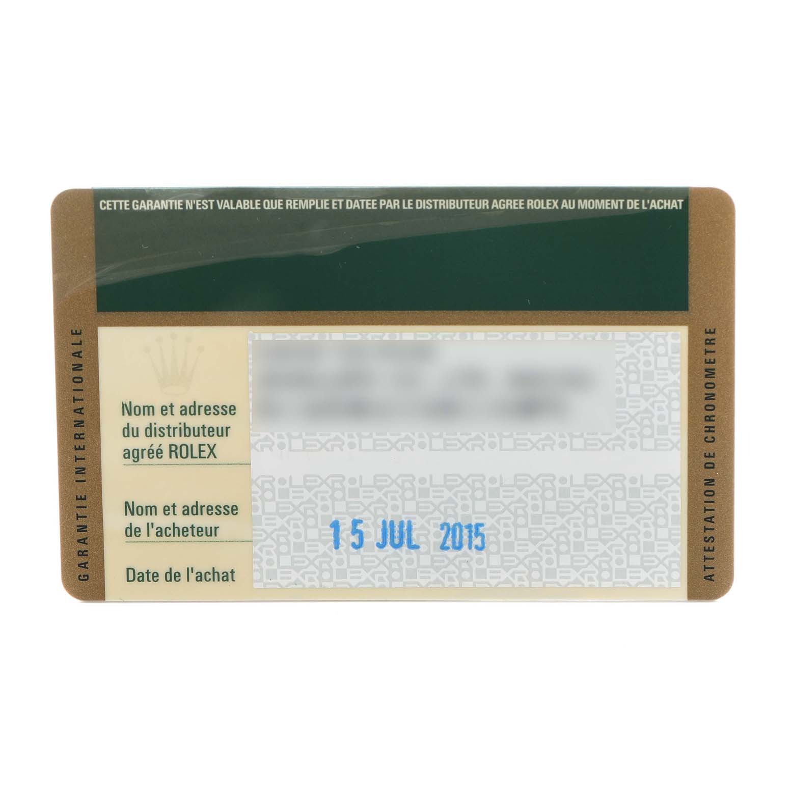 The image shows a warranty card for a Rolex Datejust 179383 Women
s Steel and Gold (two tone) White Dial, viewed from above.