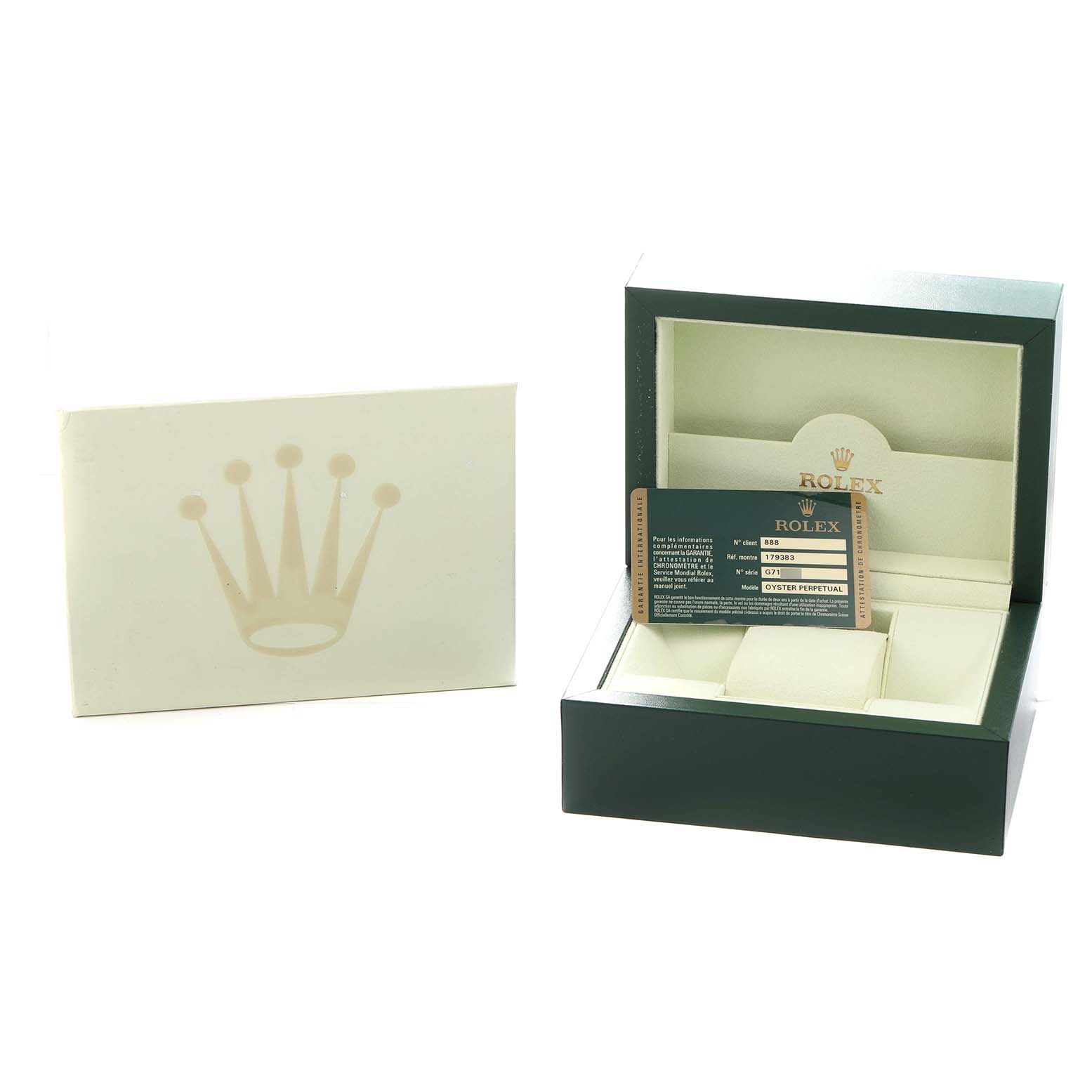 The image shows a Rolex Datejust 179383 Women
s Steel and Gold (two tone) White Dial box, an outer box with the crown logo, and a warranty card, all from a top-front angle.