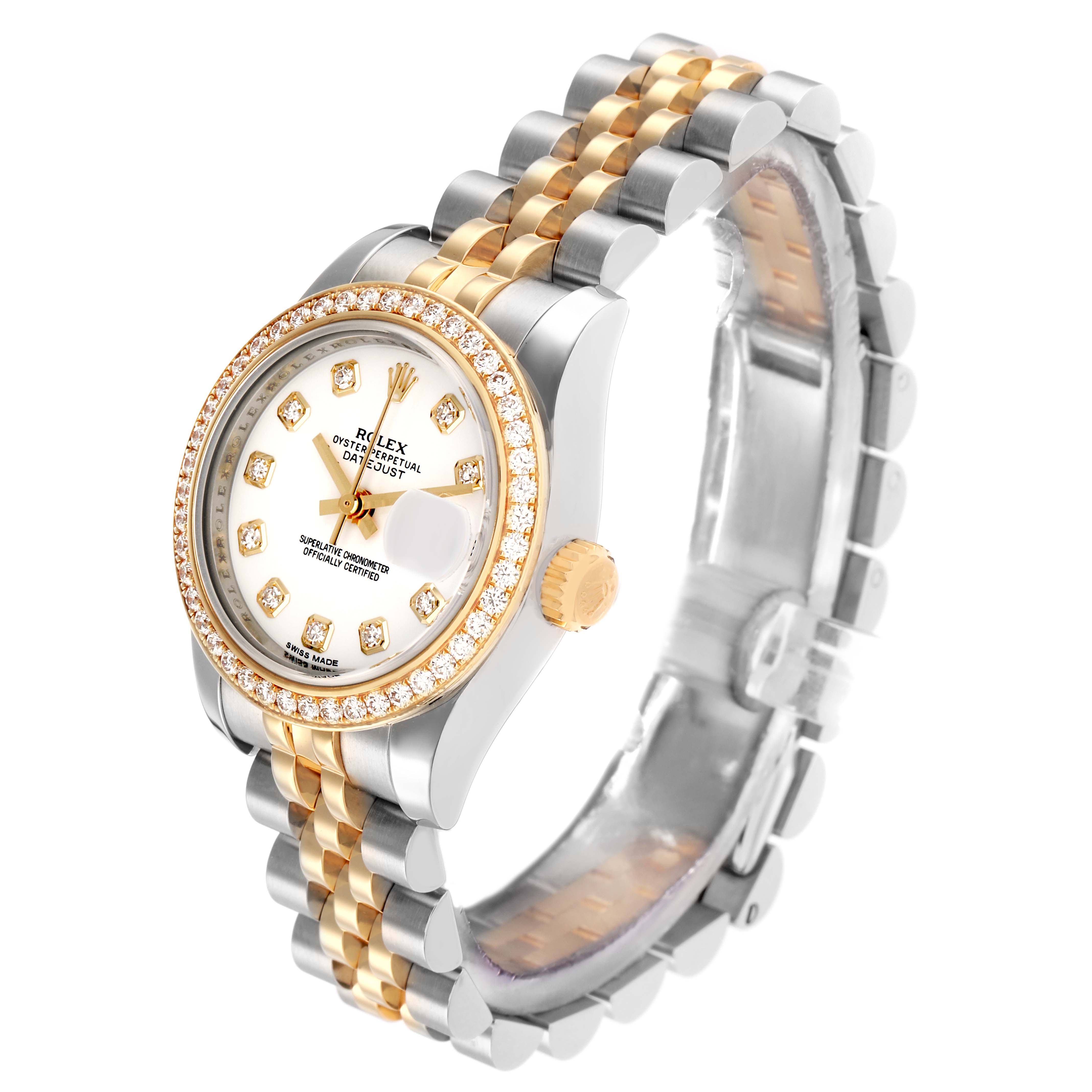 The Rolex Datejust 179383 Women
s Steel and Gold (two tone) White Dial watch is shown at a three-quarter angle, highlighting the dial, bezel, and two-tone bracelet.