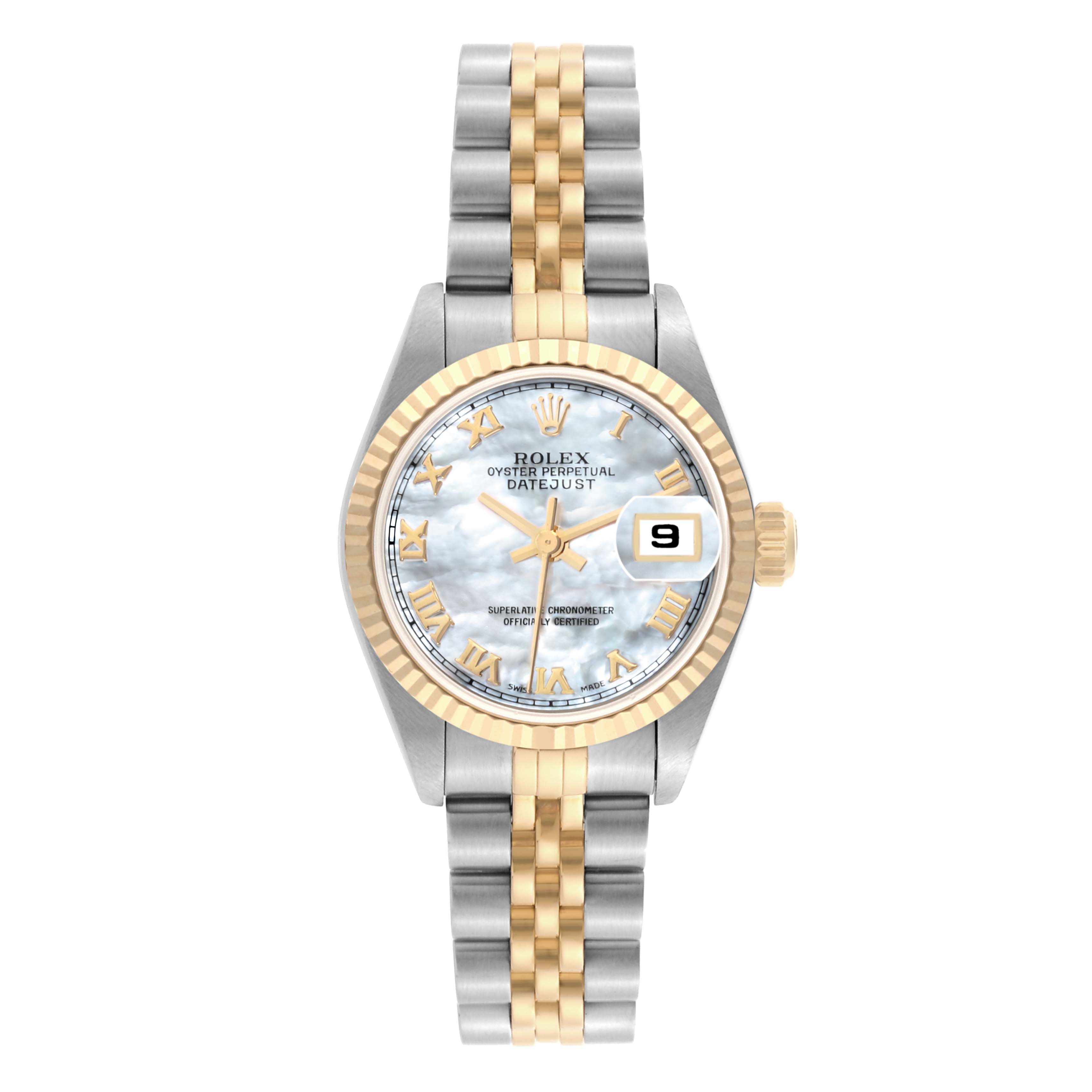 The Rolex Datejust 79173 Women's Steel and Gold (two tone) Mother of Pearl Dial 79173 Women's Steel and Gold (two tone) Mother of Pearl Dial watch is shown from the front, displaying the dial, bracelet, and fluted bezel.