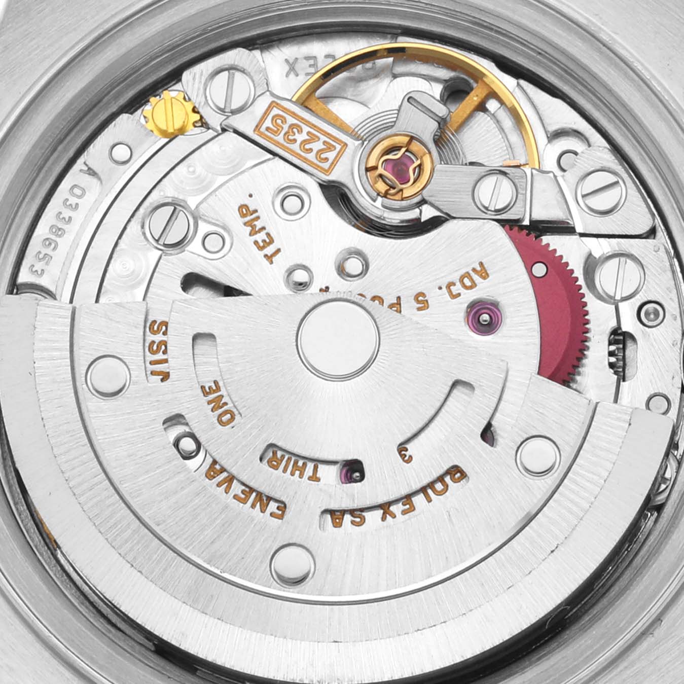 The image shows the intricate automatic movement of the Rolex Datejust 79173 Women's Steel and Gold (two tone) Mother of Pearl Dial 79173 Women's Steel and Gold (two tone) Mother of Pearl Dial watch from a top-down angle.