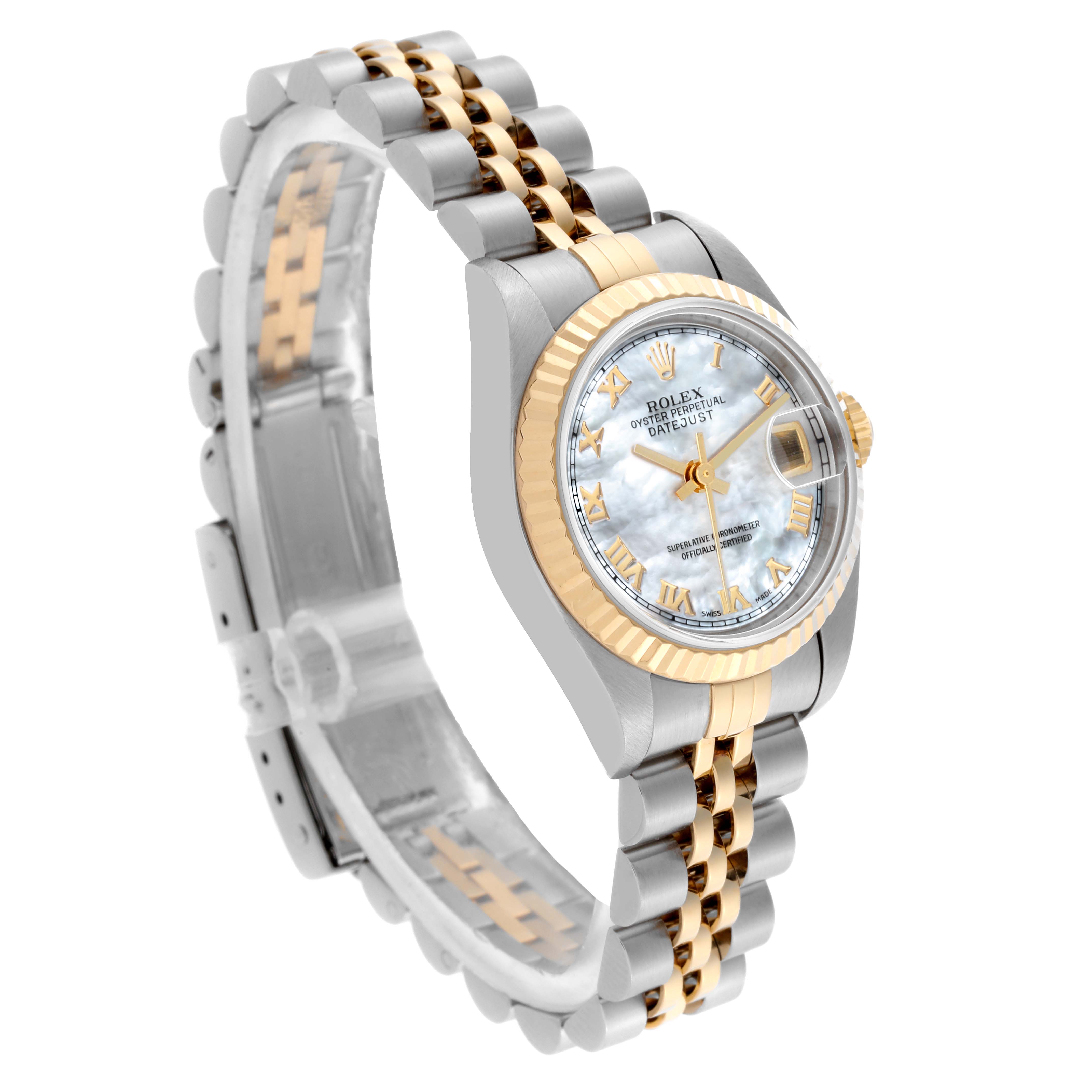 The Rolex Datejust 79173 Women's Steel and Gold (two tone) Mother of Pearl Dial 79173 Women's Steel and Gold (two tone) Mother of Pearl Dial watch is shown at a three-quarter angle, highlighting the face, bezel, and Jubilee bracelet.