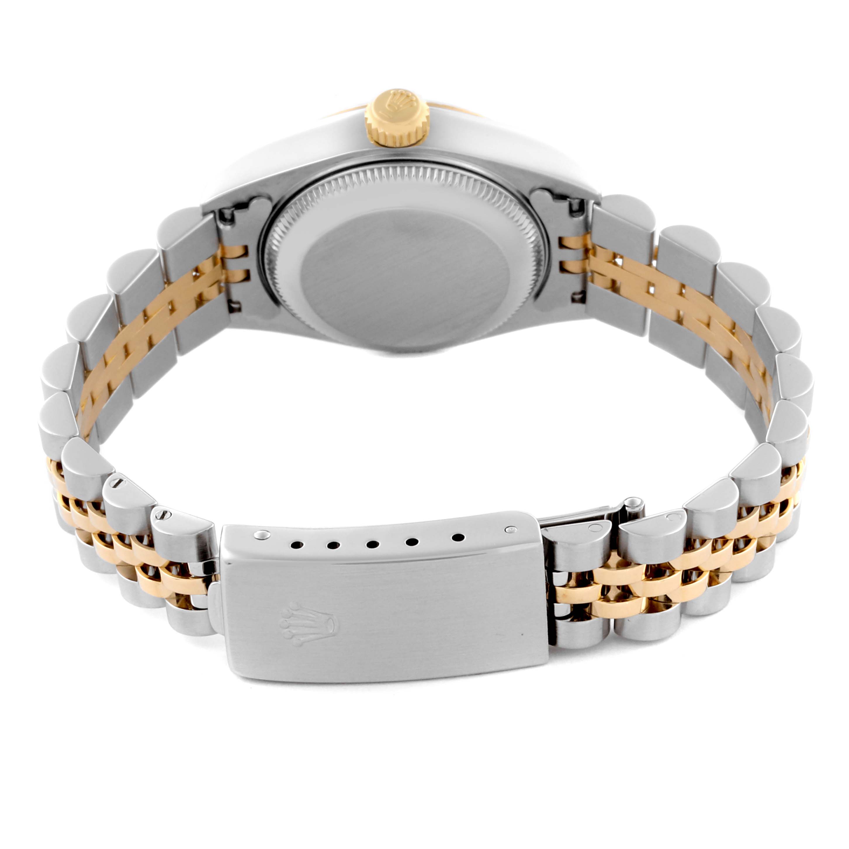 The image shows the back of a Rolex Datejust 79173 Women's Steel and Gold (two tone) Mother of Pearl Dial 79173 Women's Steel and Gold (two tone) Mother of Pearl Dial watch, highlighting the clasp and bracelet.