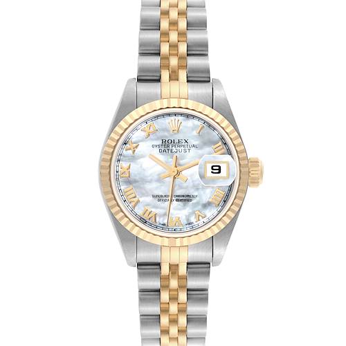 The Rolex Datejust watch is shown from a top-down view, displaying the face, bezel, and two-tone bracelet.