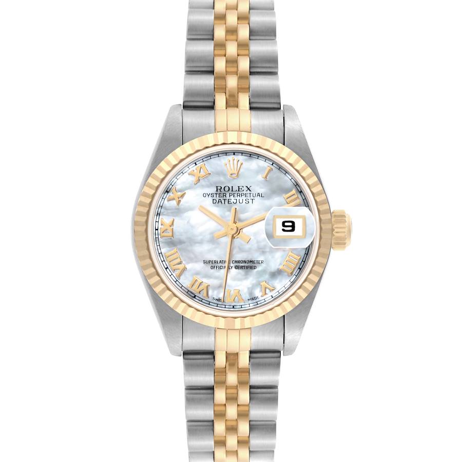 The Rolex Datejust watch is shown from the front, displaying the dial, bezel, and part of the bracelet.
