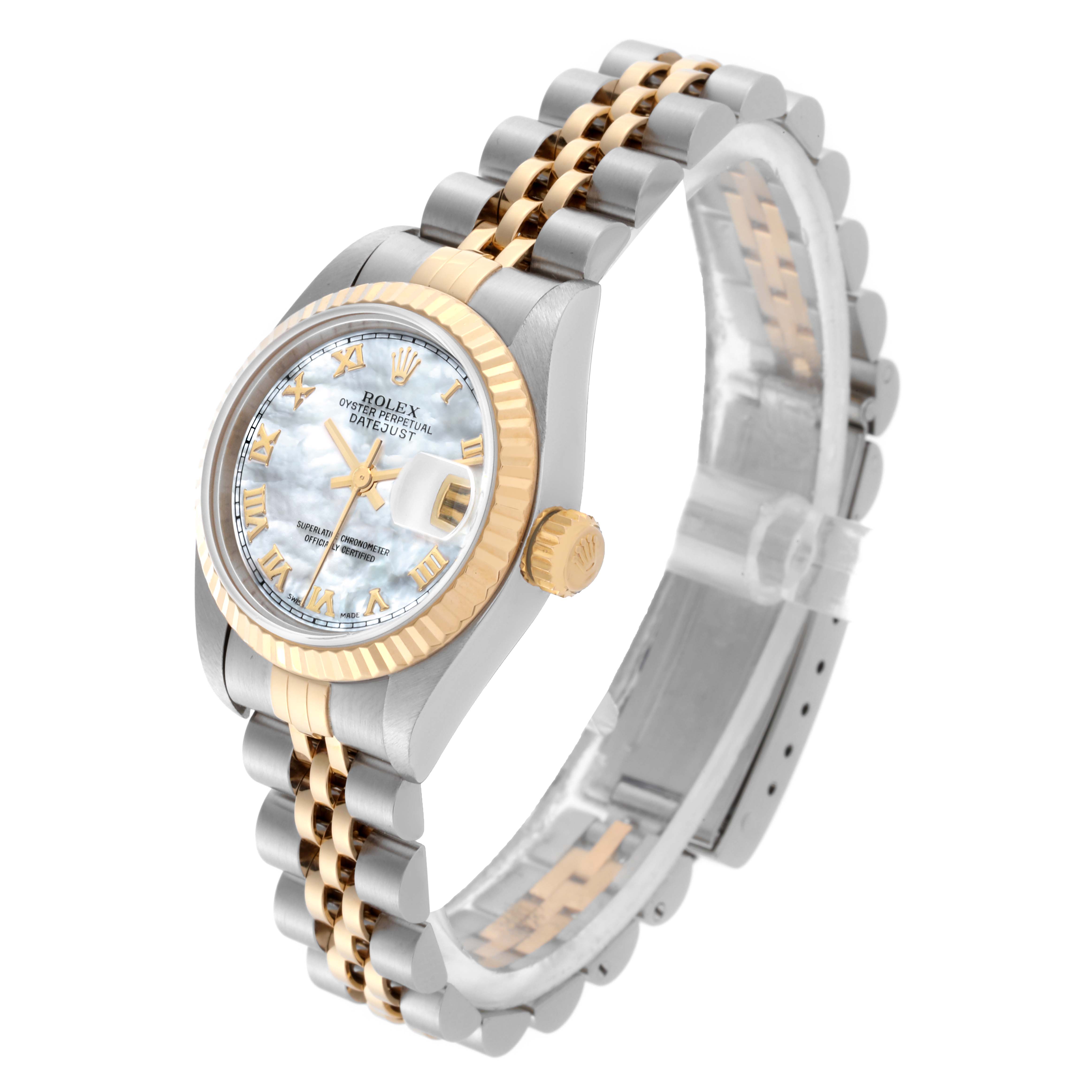 The Rolex Datejust 79173 Women's Steel and Gold (two tone) Mother of Pearl Dial 79173 Women's Steel and Gold (two tone) Mother of Pearl Dial watch is shown at an angle highlighting the dial, crown, and two-tone bracelet.