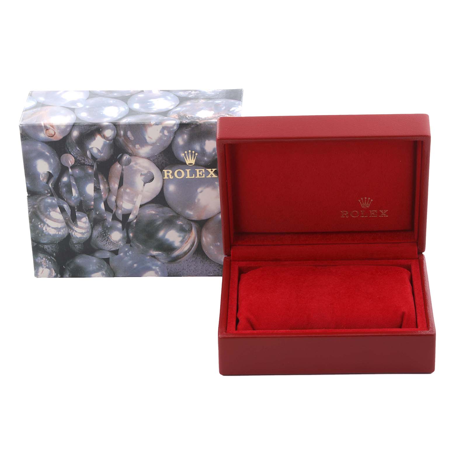 The image shows a red Rolex Datejust 79173 Women's Steel and Gold (two tone) Mother of Pearl Dial 79173 Women's Steel and Gold (two tone) Mother of Pearl Dial watch box and outer packaging at a straight angle.