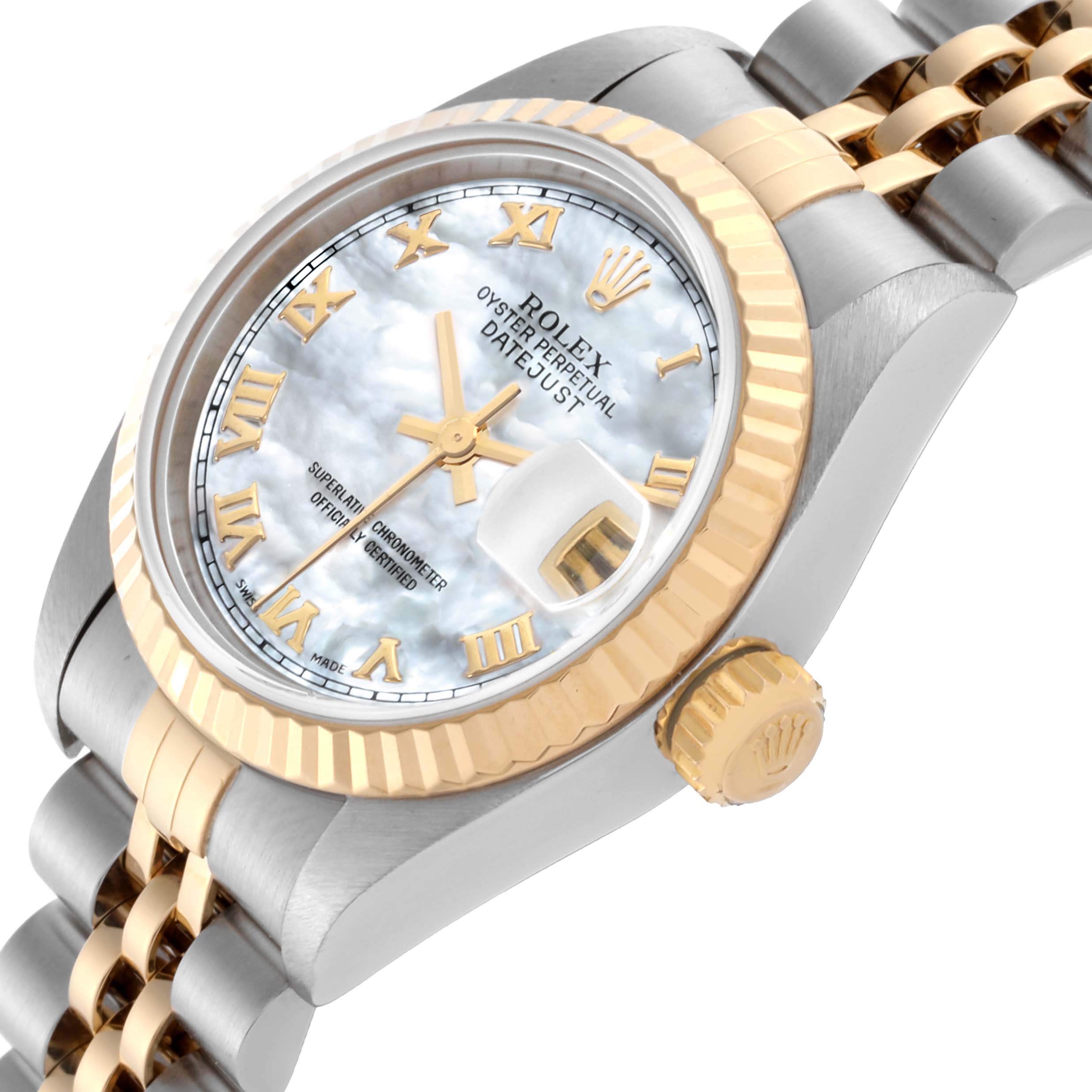The Rolex Datejust 79173 Women's Steel and Gold (two tone) Mother of Pearl Dial 79173 Women's Steel and Gold (two tone) Mother of Pearl Dial watch is shown from a side angle, highlighting the bezel, crown, and bracelet.