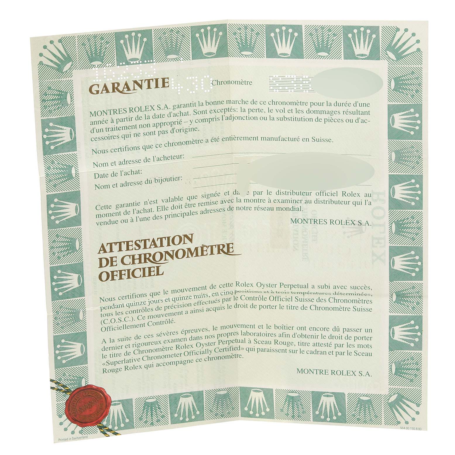 The image shows a guarantee card and official chronometer certification for a Rolex Datejust 16233 Men's Steel and Gold (two tone) White Dial 16233 Men's Steel and Gold (two tone) White Dial watch.