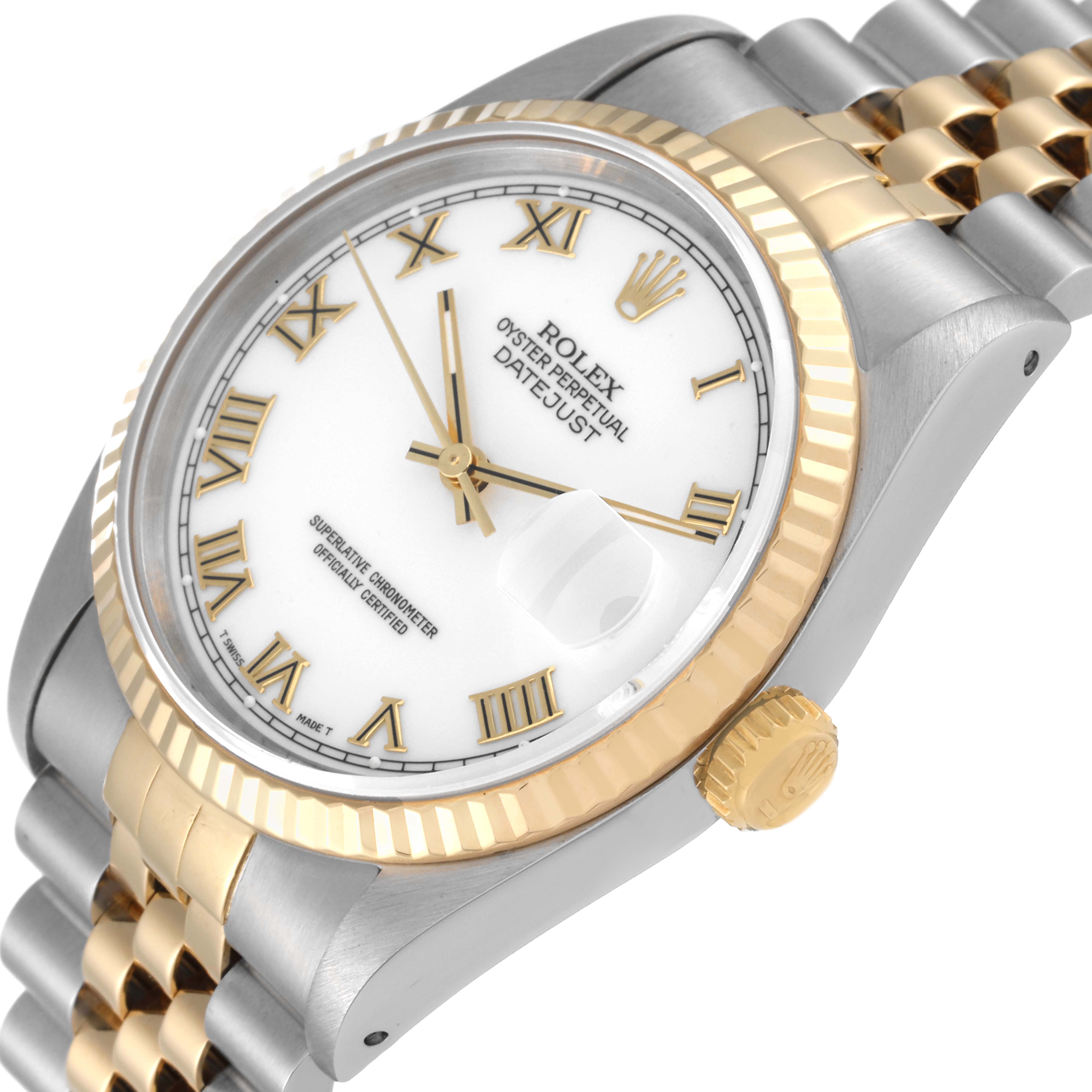 The Rolex Datejust 16233 Men's Steel and Gold (two tone) White Dial 16233 Men's Steel and Gold (two tone) White Dial watch is shown at an angled view, highlighting the dial, bezel, and part of the bracelet.