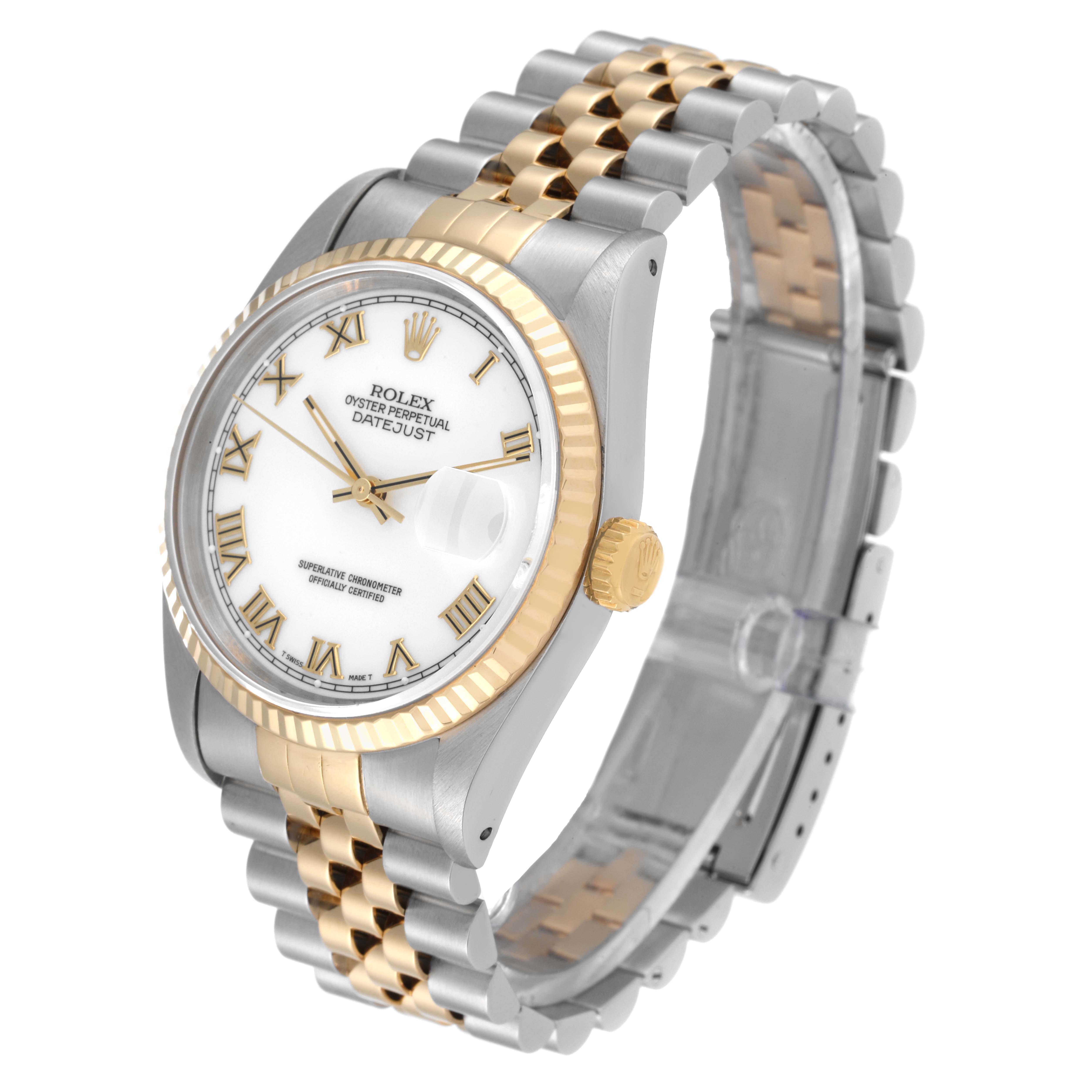 The image shows a Rolex Datejust 16233 Men's Steel and Gold (two tone) White Dial 16233 Men's Steel and Gold (two tone) White Dial watch from an angled side view, highlighting the watch face, crown, and jubilee bracelet.