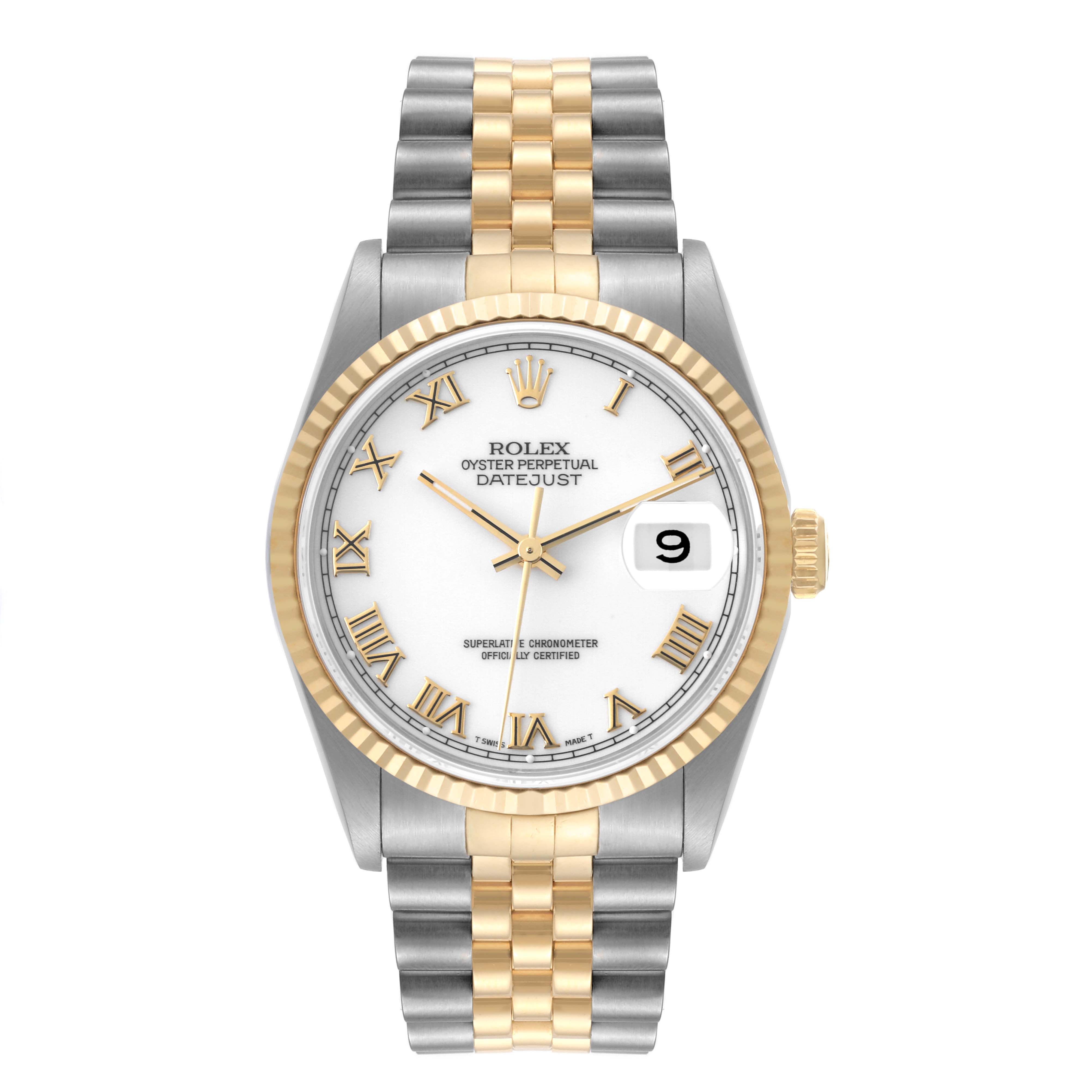 The image shows a front view of the Rolex Datejust 16233 Men's Steel and Gold (two tone) White Dial 16233 Men's Steel and Gold (two tone) White Dial watch with a white dial, gold bezel, and two-tone metal bracelet.