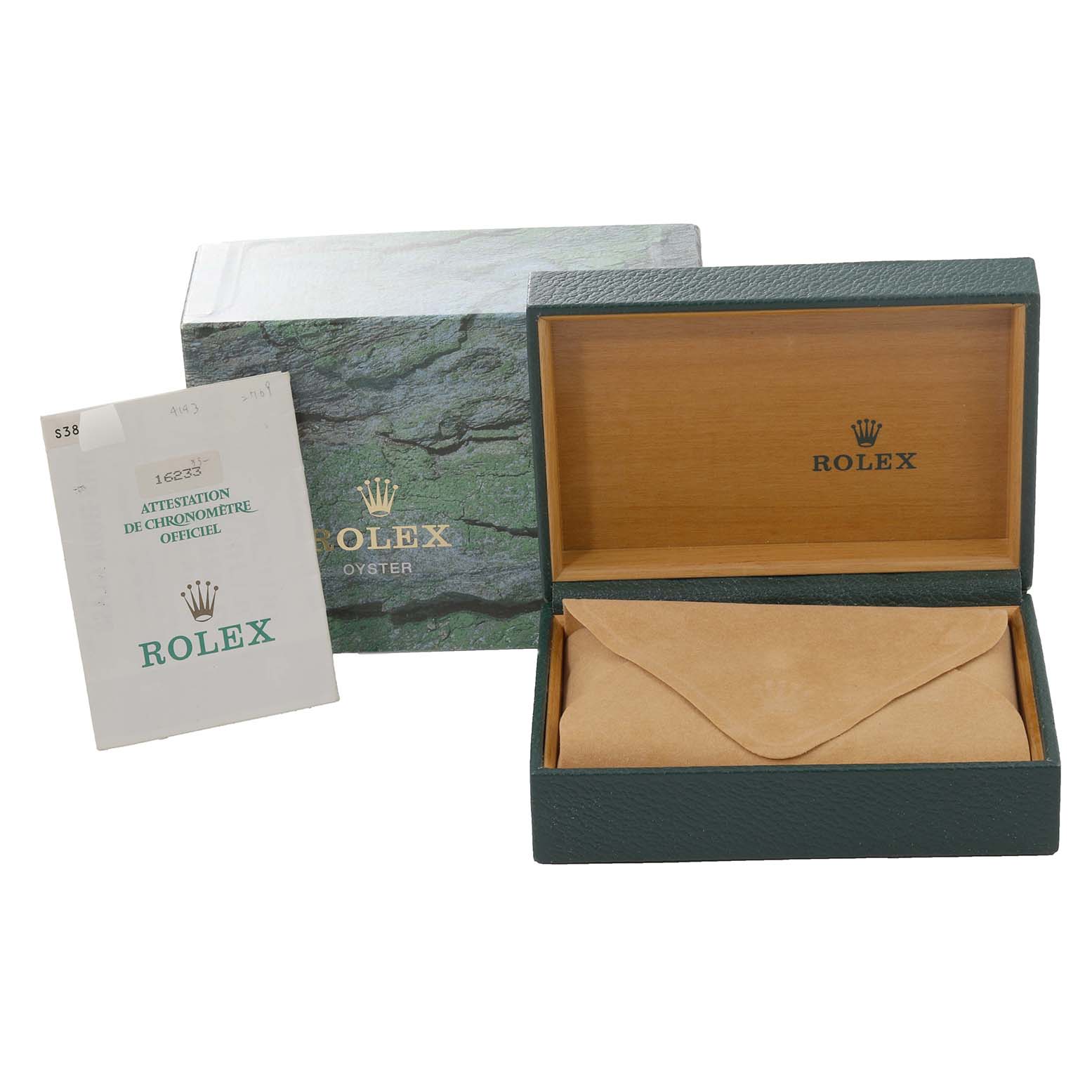 The image shows an open Rolex Datejust 16233 Men's Steel and Gold (two tone) White Dial 16233 Men's Steel and Gold (two tone) White Dial watch box, with the certificate and outer box also visible.