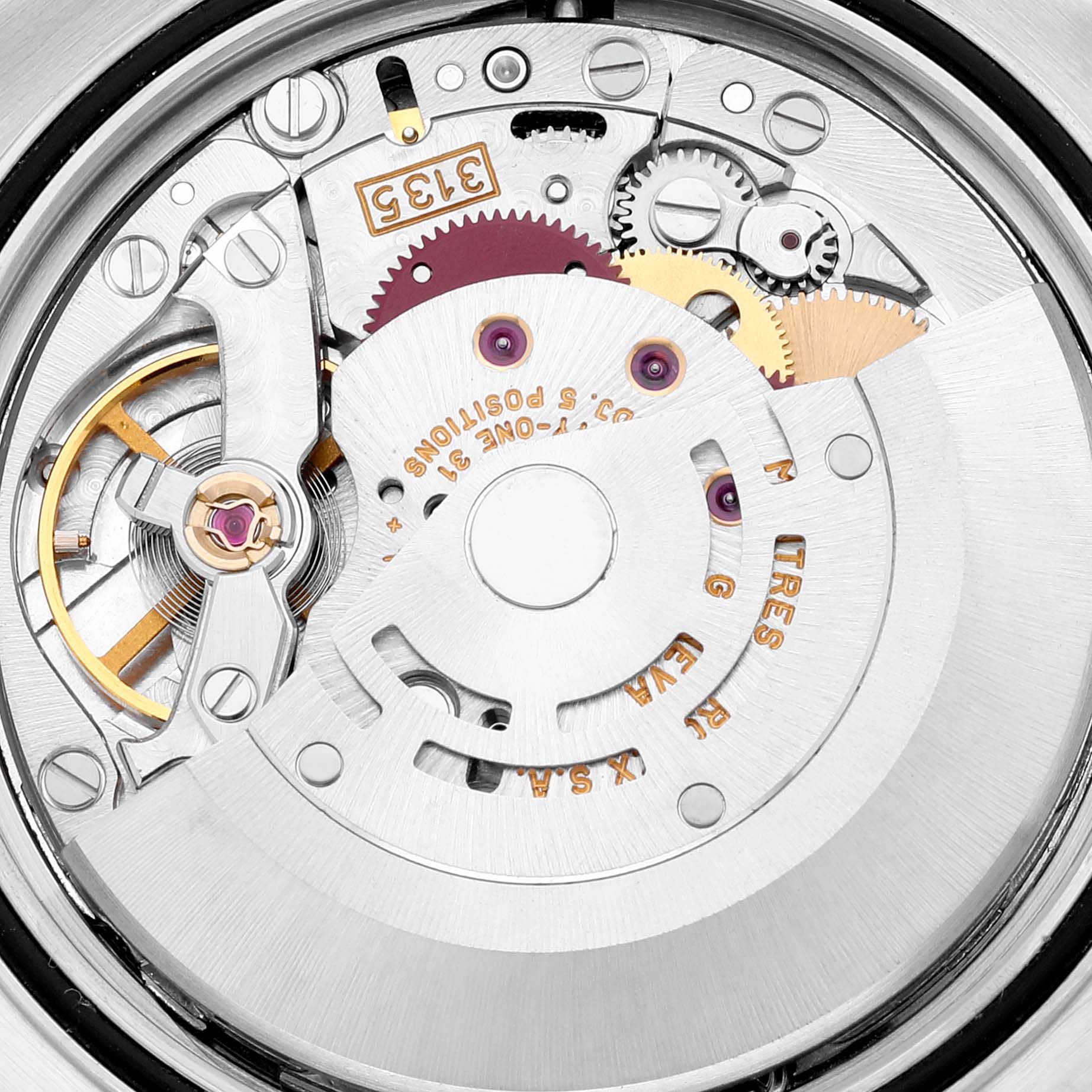 This image shows the internal mechanism of the Rolex Datejust 16233 Men's Steel and Gold (two tone) White Dial 16233 Men's Steel and Gold (two tone) White Dial watch at a close-up angle, revealing gears and components.