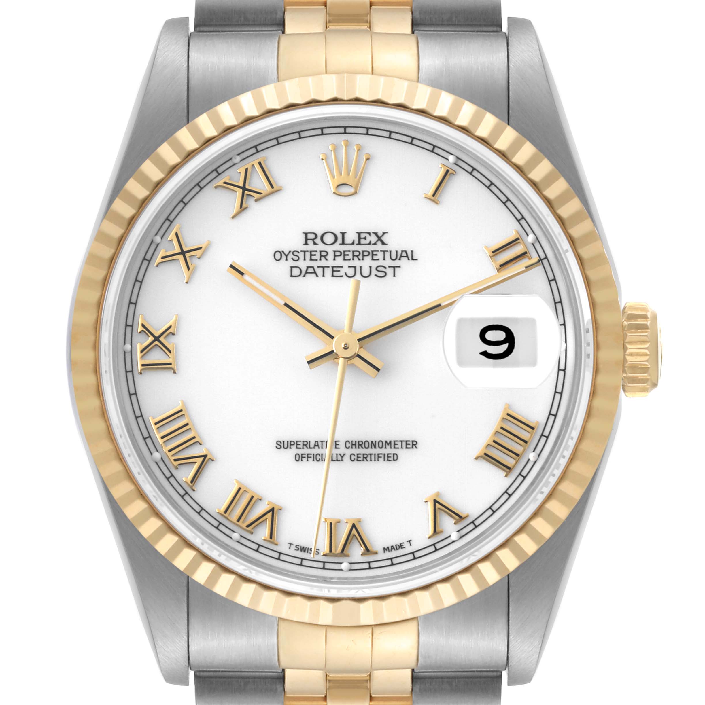 The image shows a frontal view of a Rolex Datejust 16233 Men's Steel and Gold (two tone) White Dial 16233 Men's Steel and Gold (two tone) White Dial watch, displaying the dial, date window, and part of the bracelet.