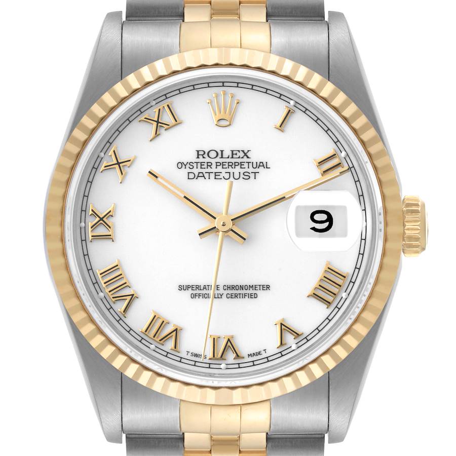The image shows a frontal view of a Rolex Datejust watch, displaying the dial, date window, and part of the bracelet.