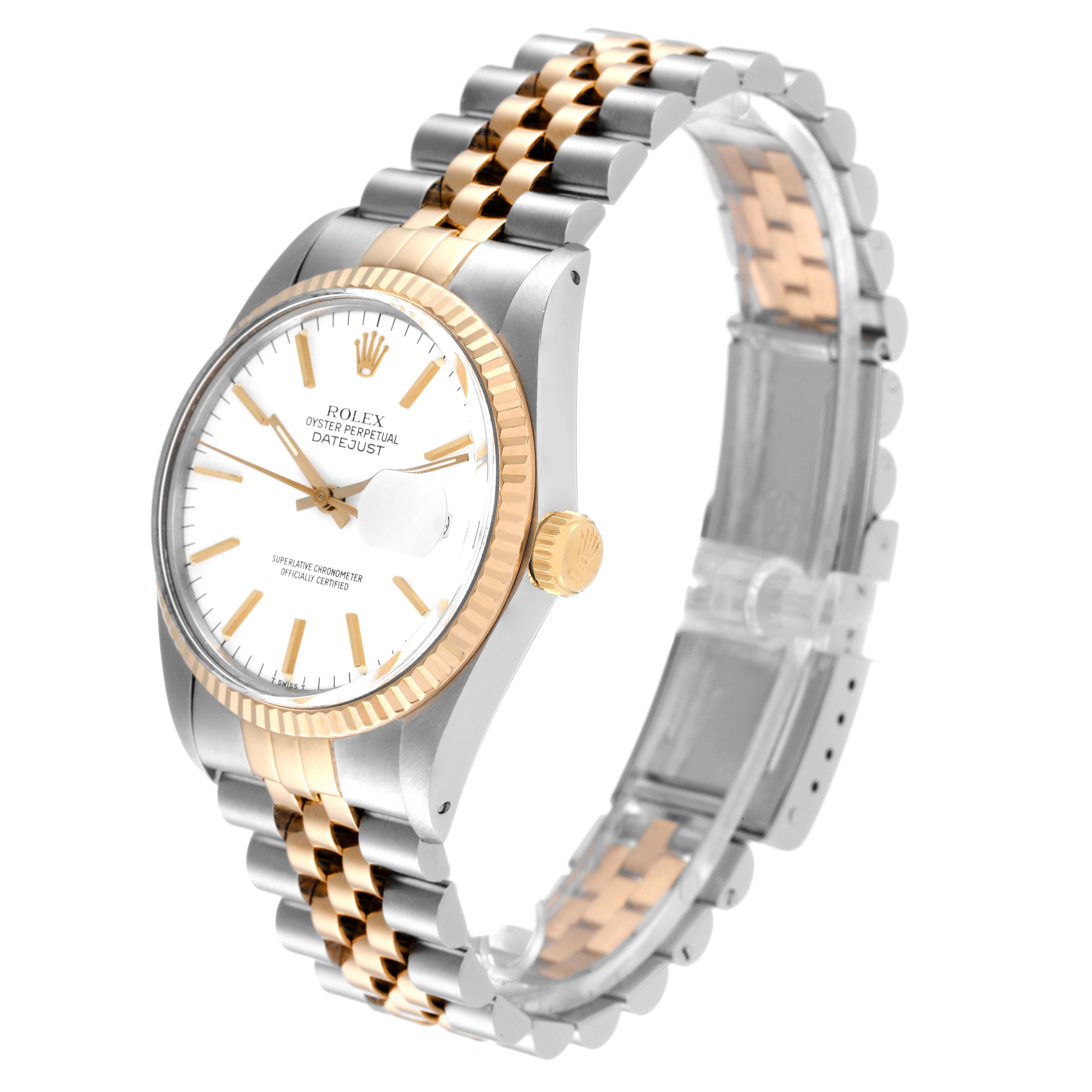 The Rolex Vintage Collection 16013 Men's Steel and Gold (two tone) White Dial 16013 Men's Steel and Gold (two tone) White Dial model is shown at a three-quarter angle, displaying the face, bezel, crown, and bracelet.