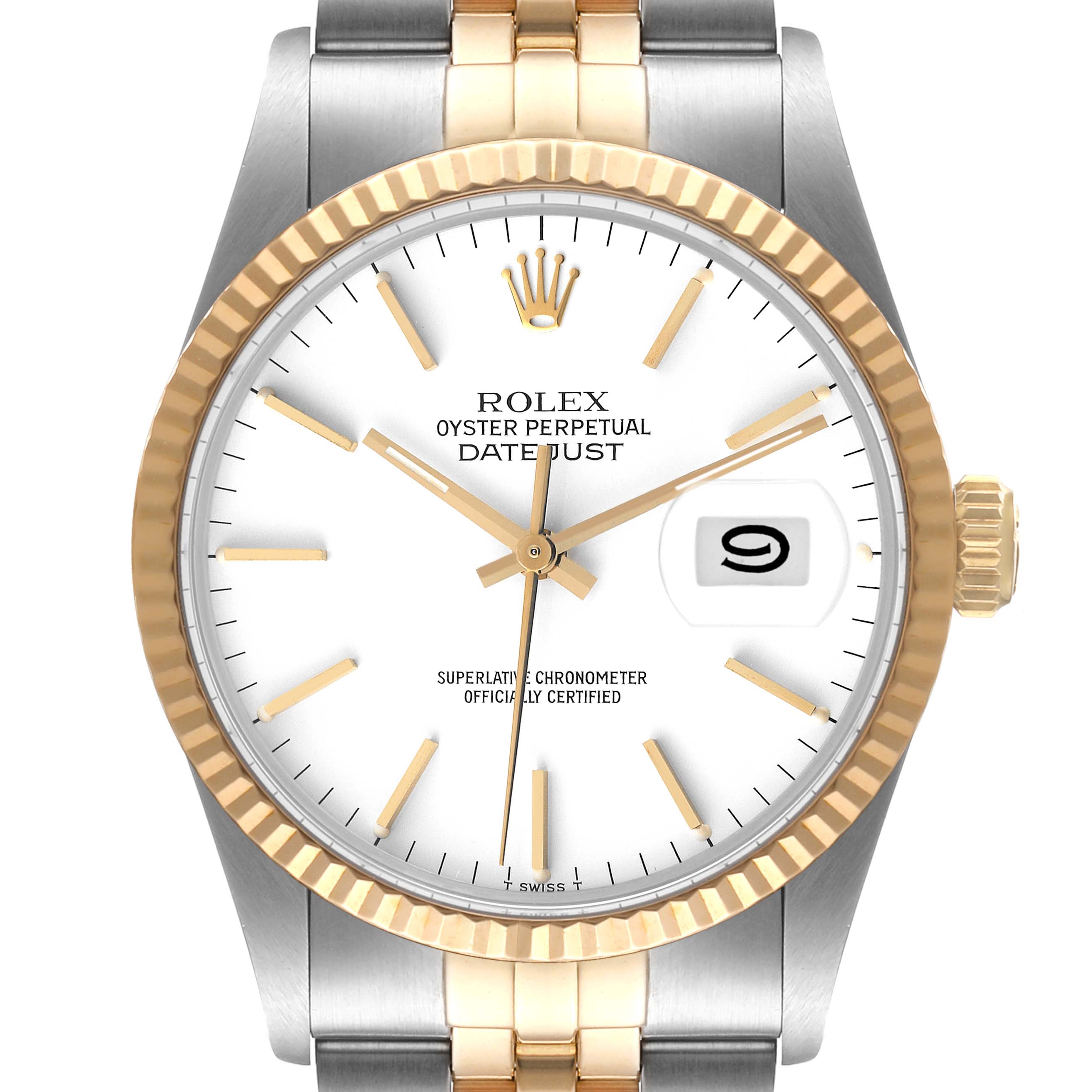 The image shows a front view of the Rolex Vintage Collection 16013 Men's Steel and Gold (two tone) White Dial 16013 Men's Steel and Gold (two tone) White Dial Datejust model with a two-tone bracelet and white dial.
