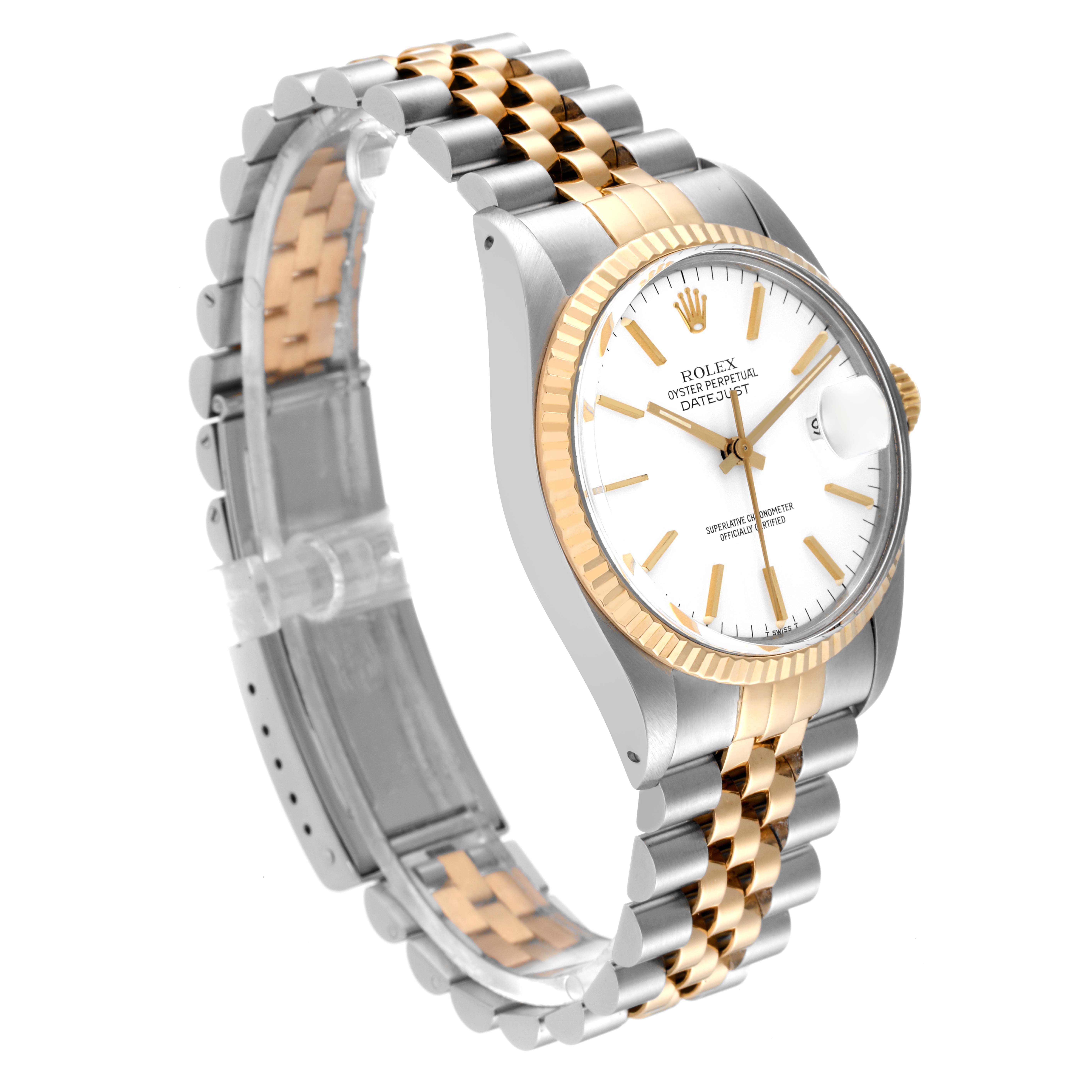 This image shows a Rolex Vintage Collection 16013 Men's Steel and Gold (two tone) White Dial 16013 Men's Steel and Gold (two tone) White Dial watch at a slight angle, highlighting the face, bezel, and two-tone bracelet.
