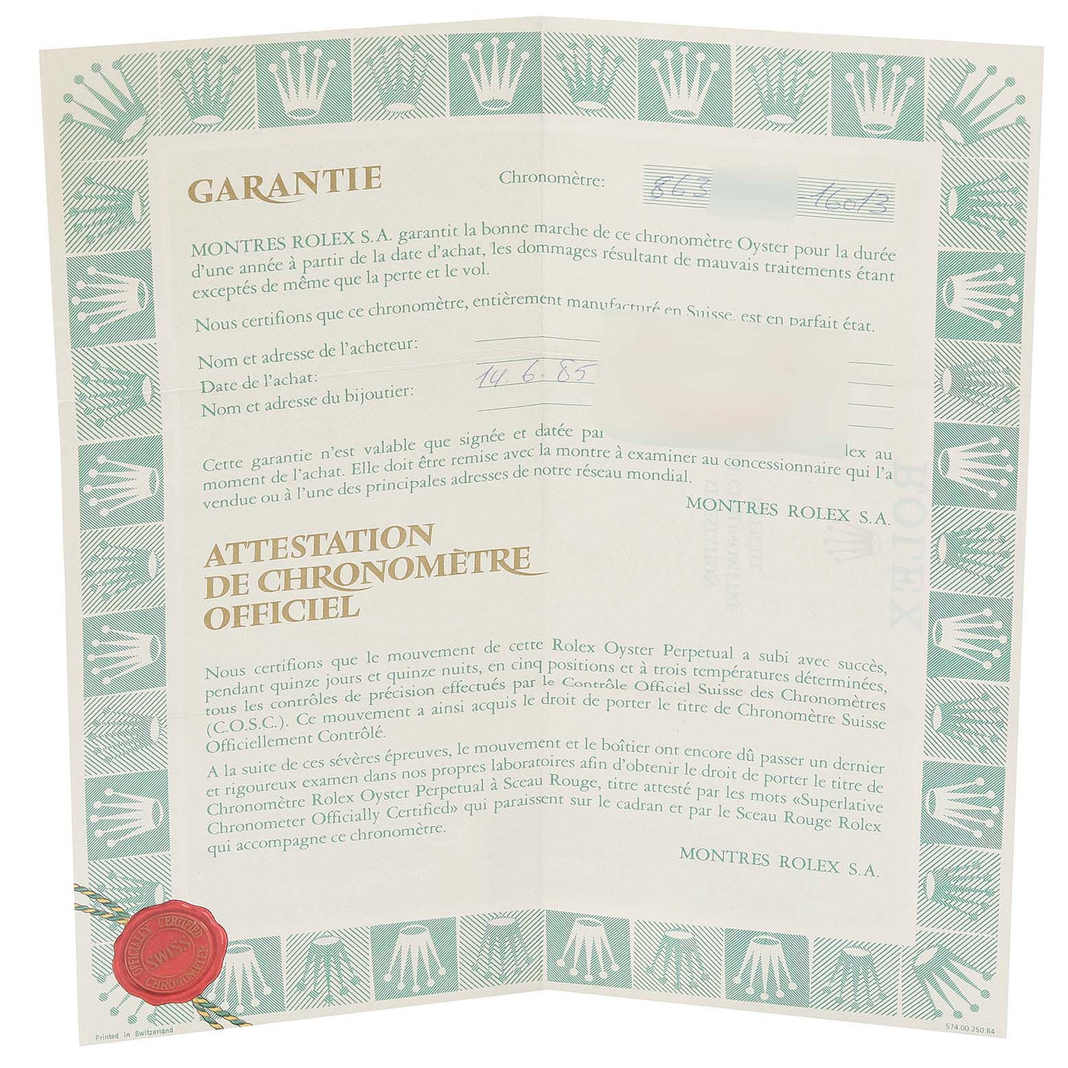 The image shows a warranty certificate and chronometer certification for the Vintage Collection model by Rolex, angled slightly open.