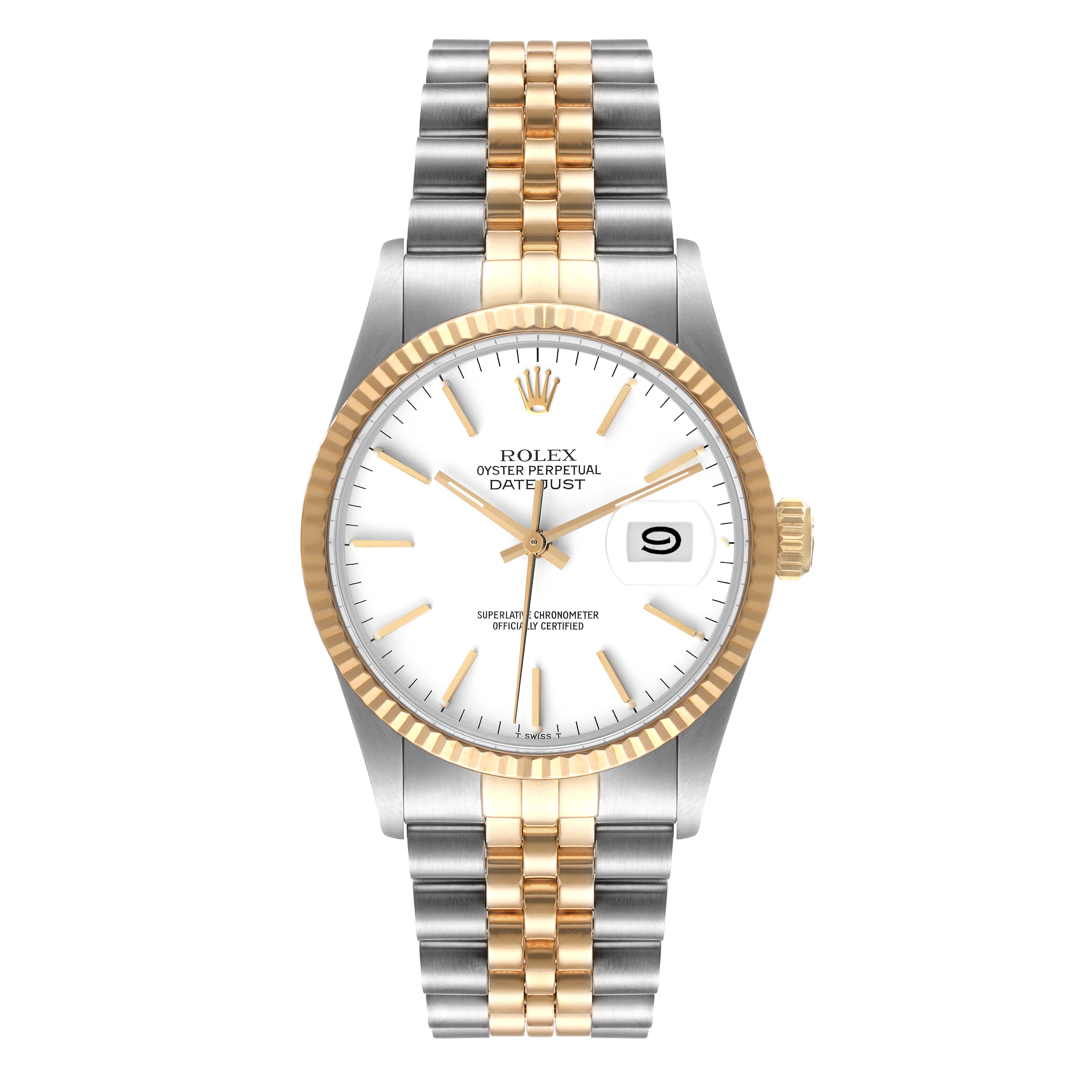This image shows a Rolex Vintage Collection 16013 Men's Steel and Gold (two tone) White Dial 16013 Men's Steel and Gold (two tone) White Dial Oyster Perpetual Datejust watch, displaying its white dial, date, and two-tone bracelet.