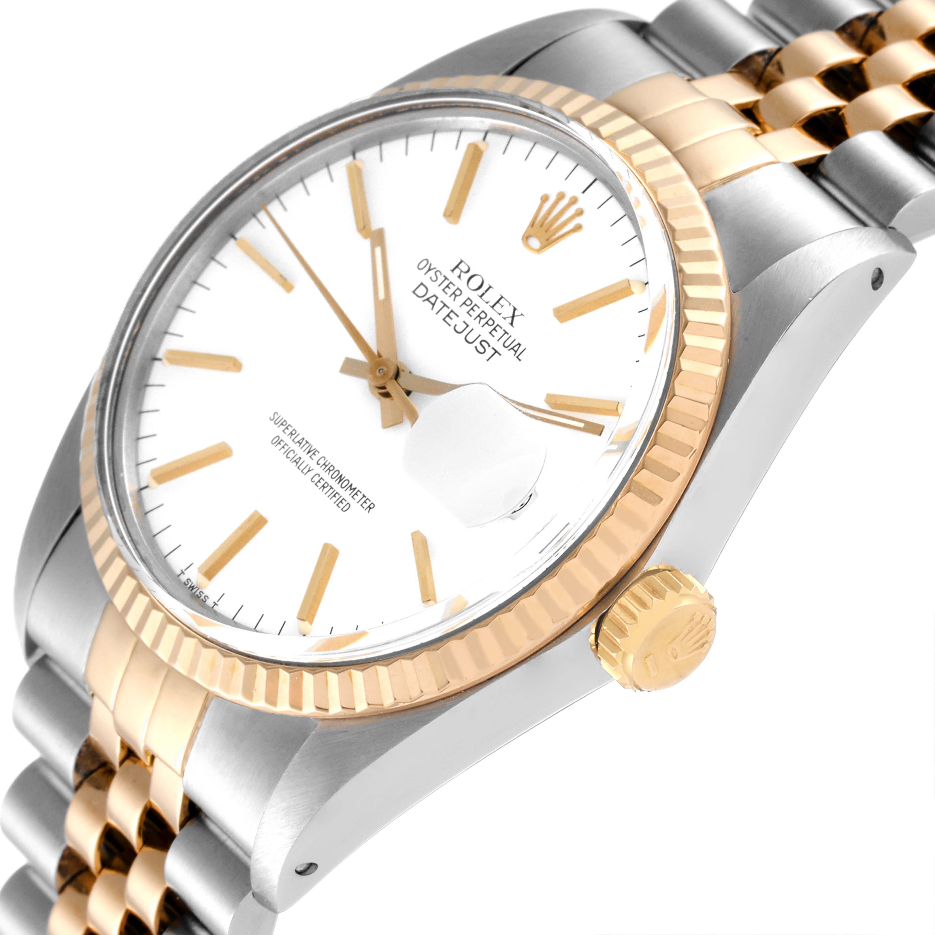 The image shows a side angle of the Rolex Vintage Collection 16013 Men's Steel and Gold (two tone) White Dial 16013 Men's Steel and Gold (two tone) White Dial Oyster Perpetual Datejust, highlighting the face, bezel, and band.