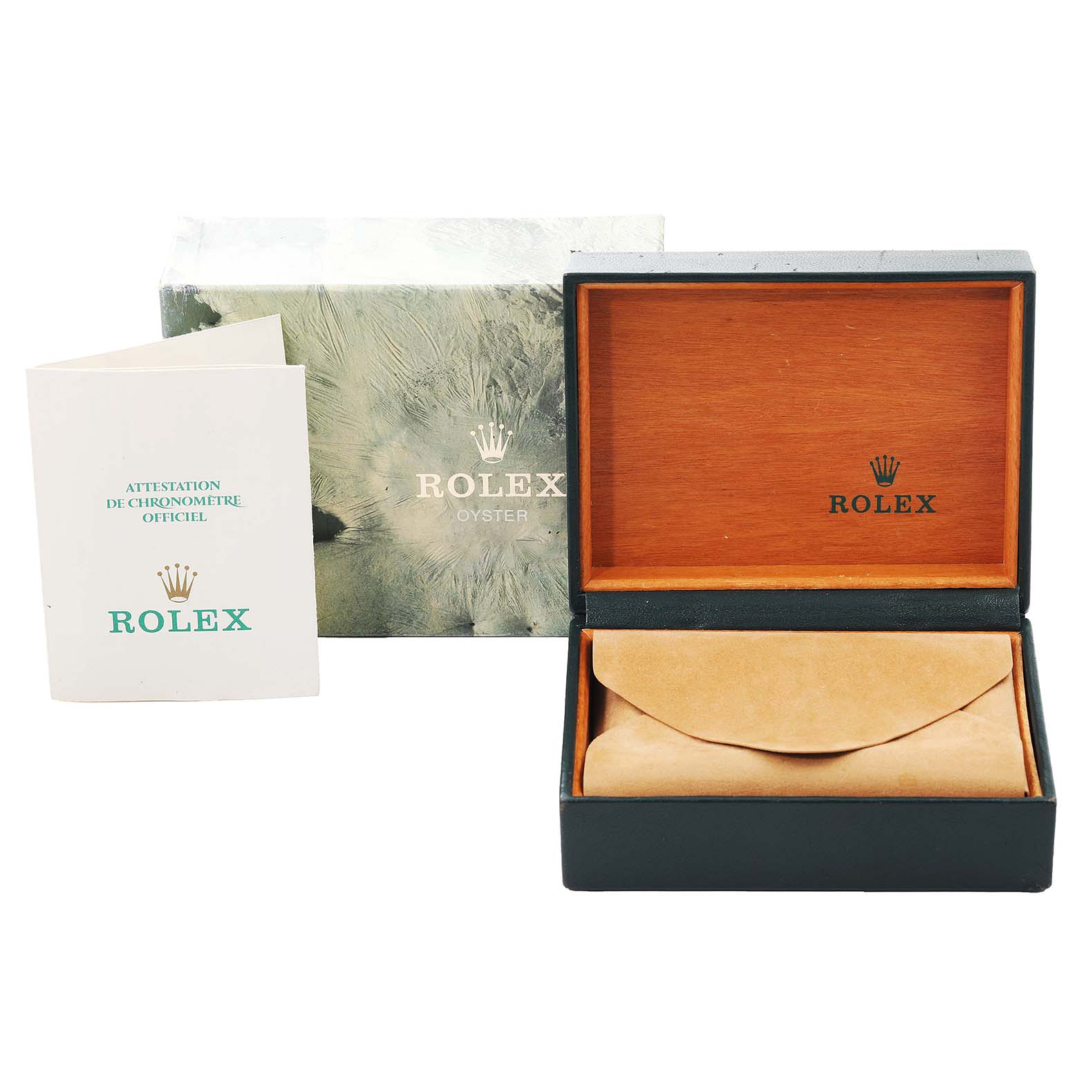 The image shows the empty box, outer box, and booklet for a Rolex Vintage Collection 16013 Men's Steel and Gold (two tone) White Dial 16013 Men's Steel and Gold (two tone) White Dial watch.