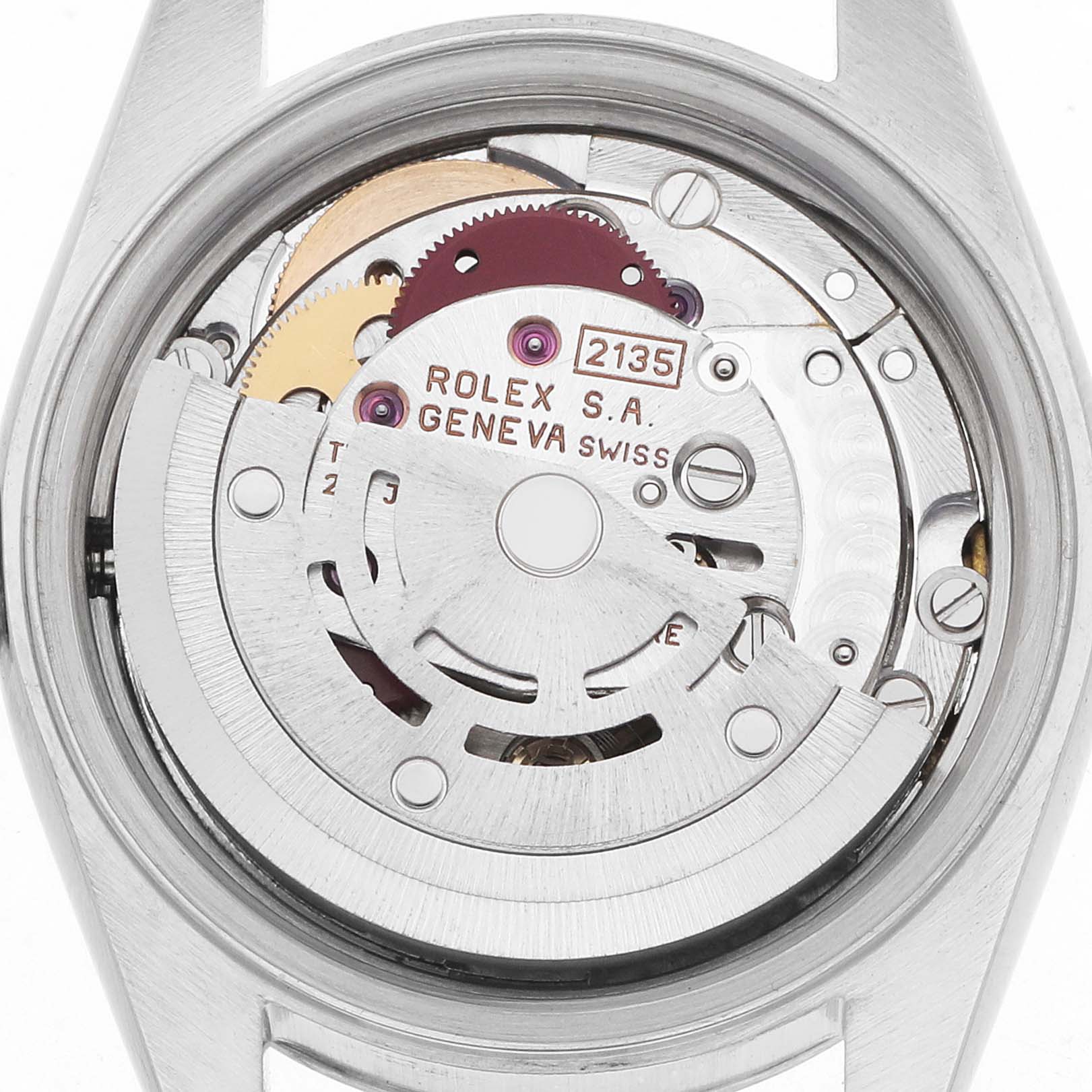 The image shows the movement of a Rolex Datejust 69173 Women
s Steel and Gold (two tone) White Dial watch from the back, highlighting the rotor and intricate gears.