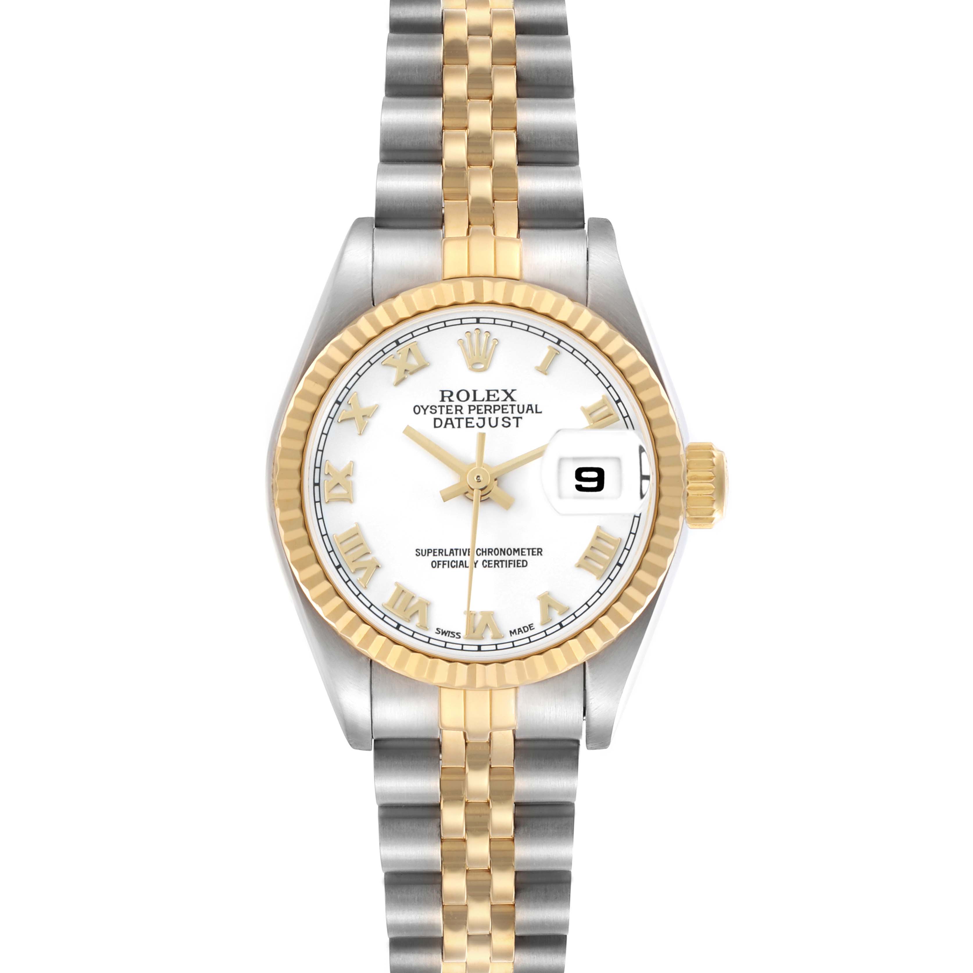 The Rolex Datejust 69173 Women
s Steel and Gold (two tone) White Dial watch is shown from a top-down angle, displaying its dial, hands, bezel, and Jubilee bracelet.