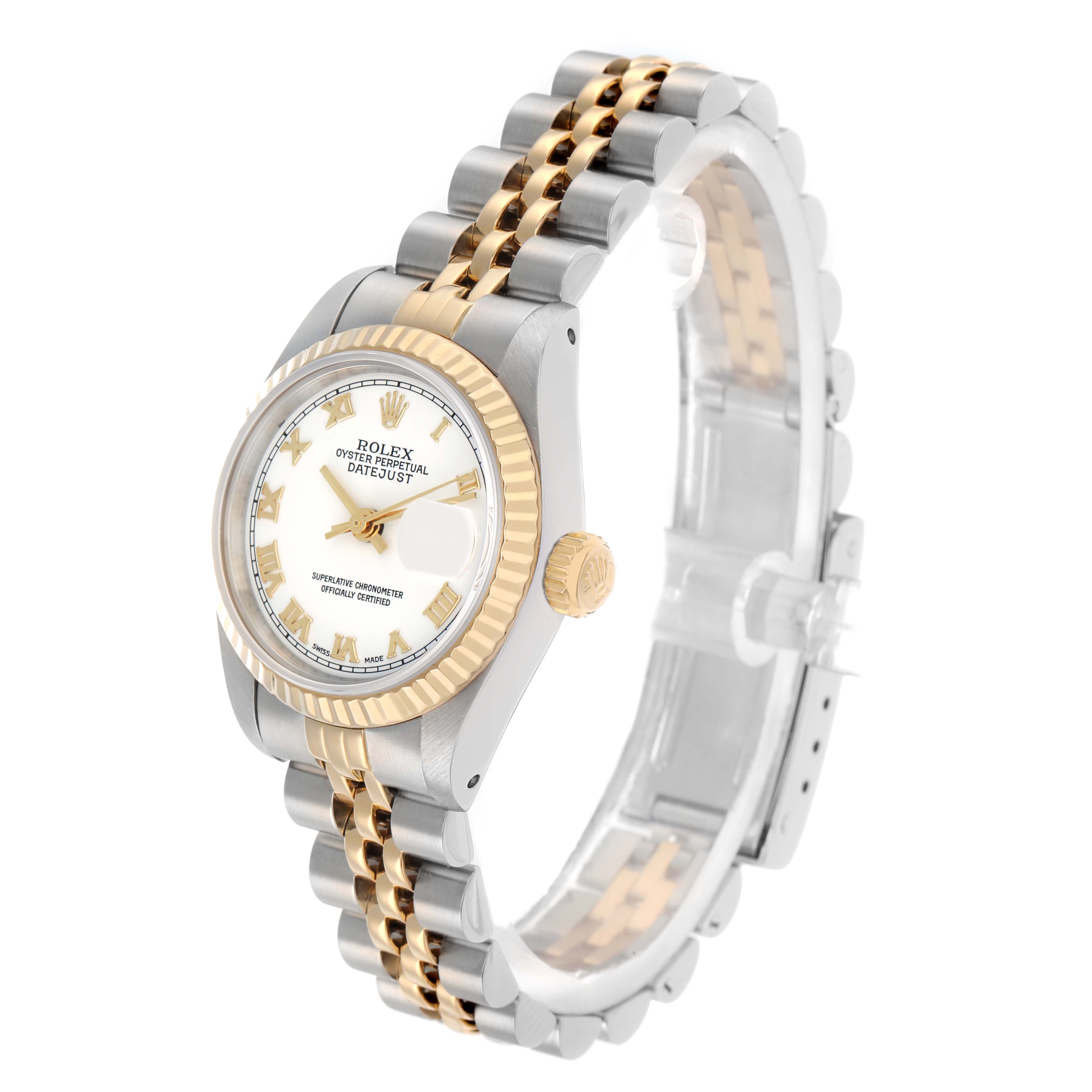 The Rolex Datejust 69173 Women
s Steel and Gold (two tone) White Dial watch is shown from a side angle, displaying the face, bezel, crown, and two-tone jubilee bracelet.