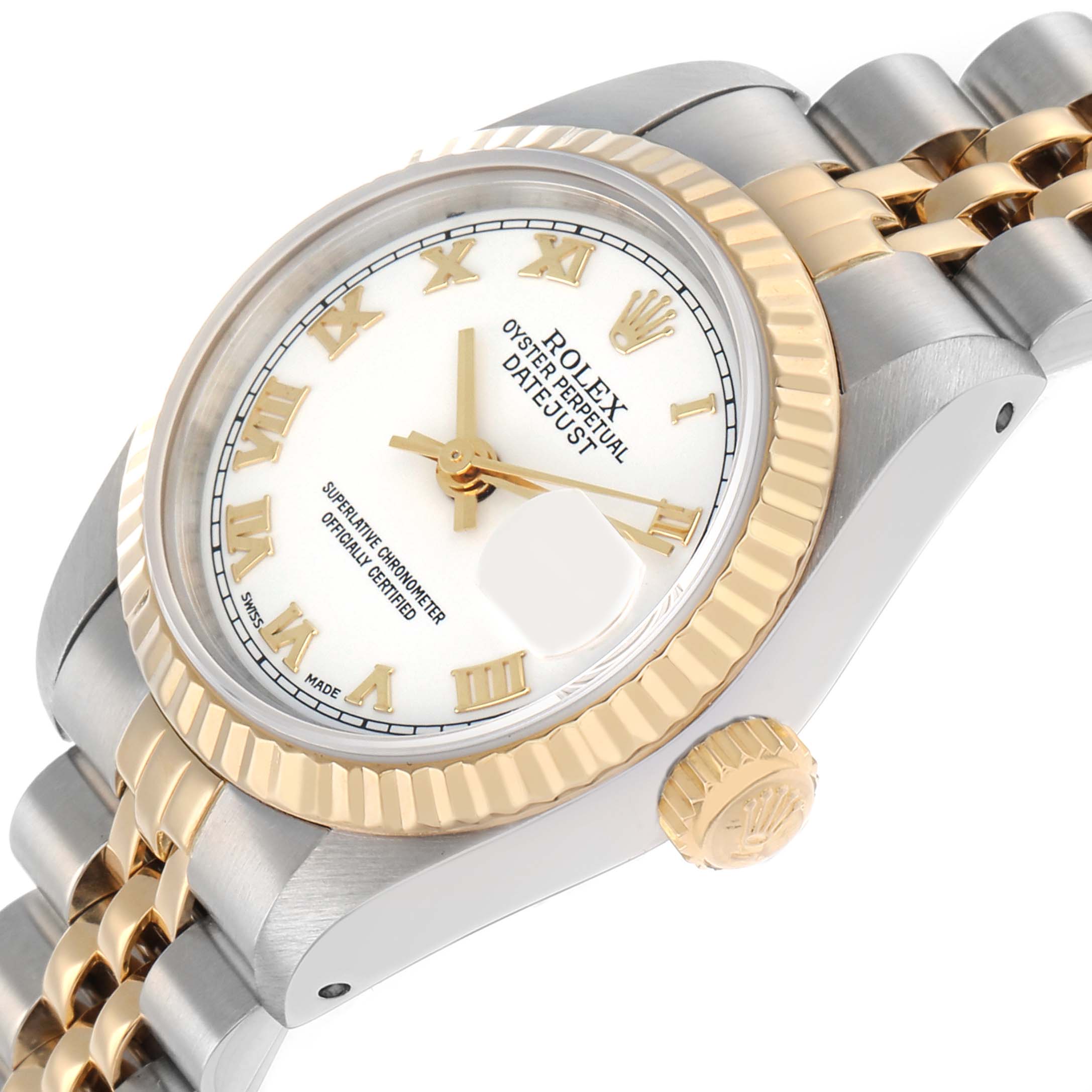 The Rolex Datejust 69173 Women
s Steel and Gold (two tone) White Dial watch is shown at an angled view, highlighting the dial, bezel, case, crown, and bracelet.