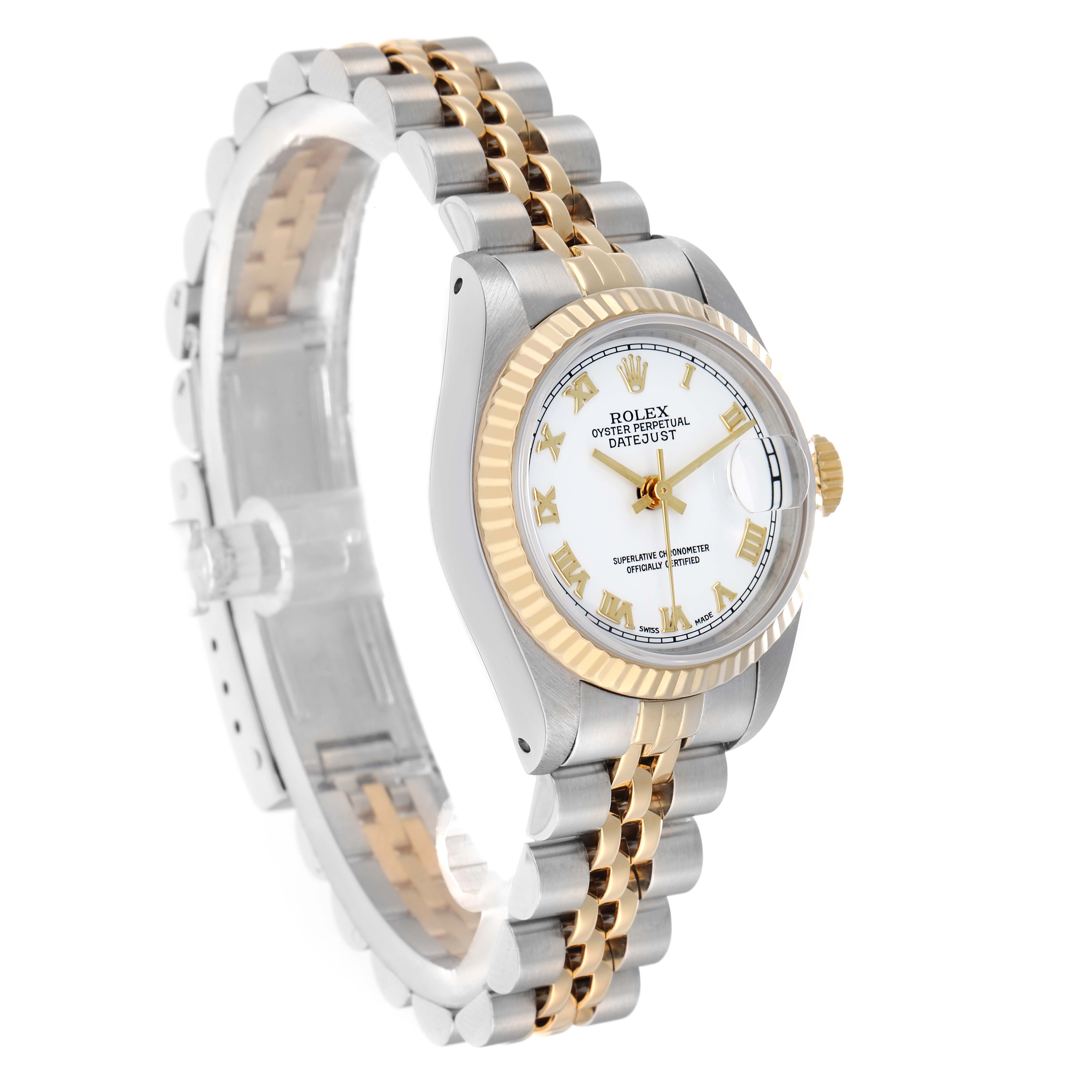The Rolex Datejust 69173 Women
s Steel and Gold (two tone) White Dial watch is shown at a slight angle, highlighting the dial, case, bezel, and bracelet.