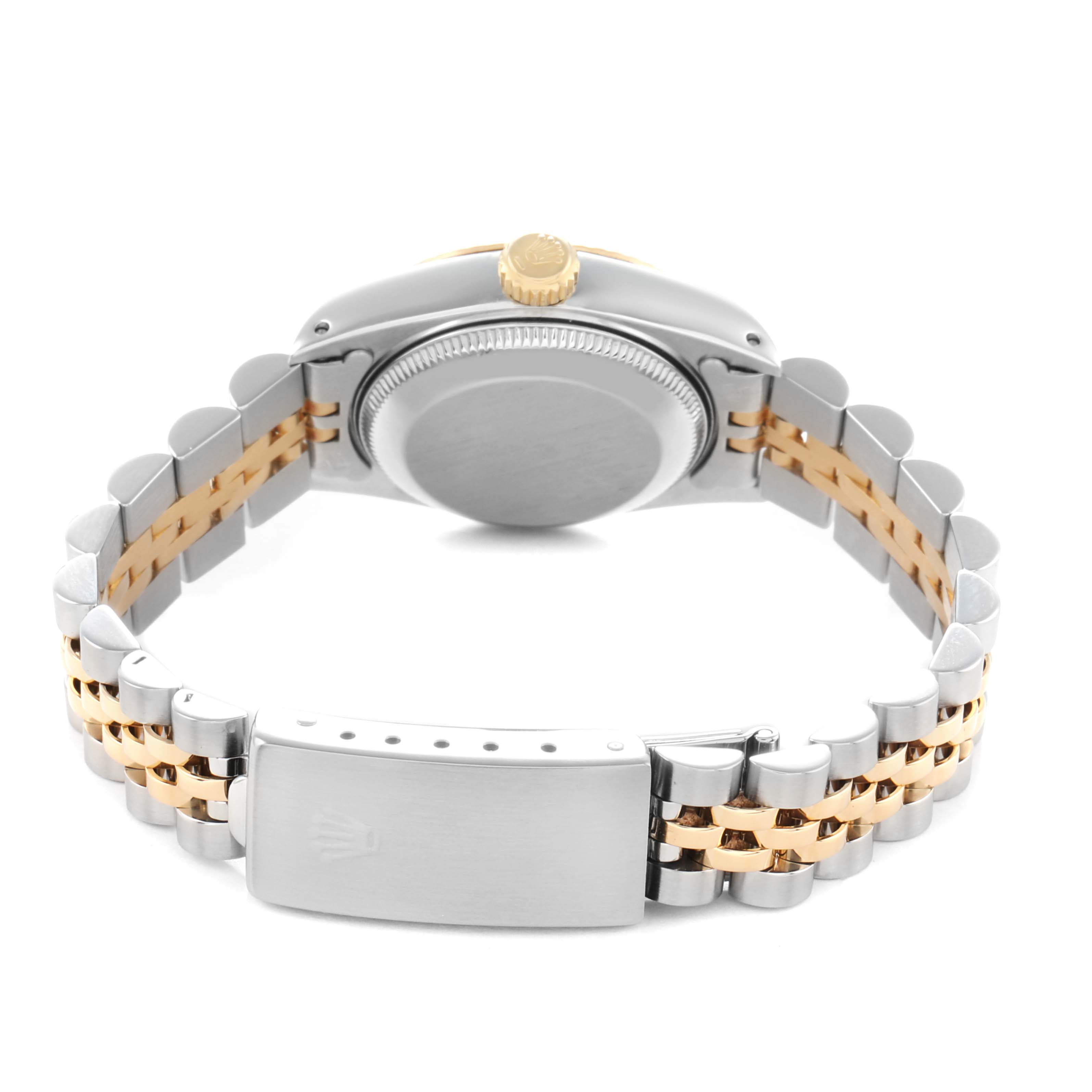 The image shows the back of a Rolex Datejust 69173 Women
s Steel and Gold (two tone) White Dial watch highlighting the case, crown, and two-tone bracelet.